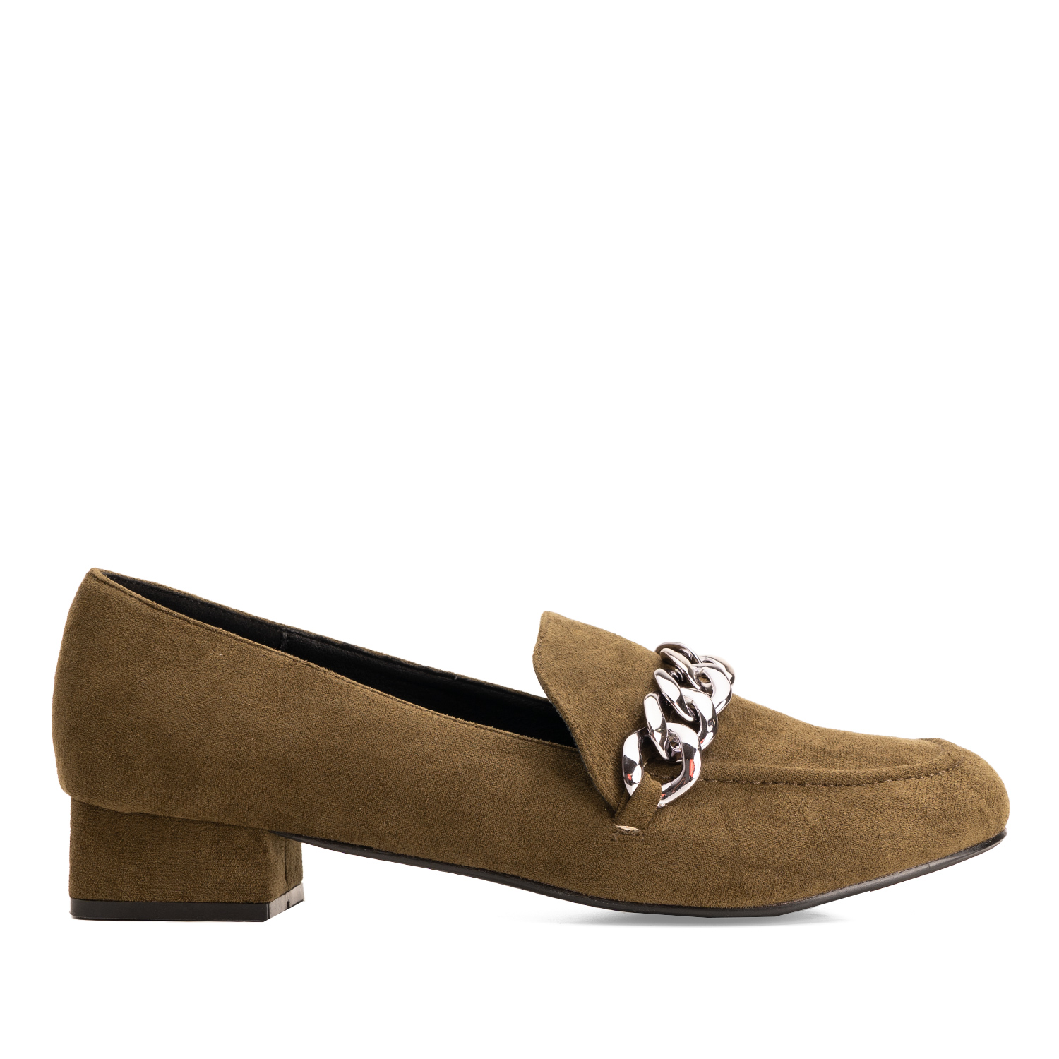 Moccasins in kaki faux suede with chain link detail 