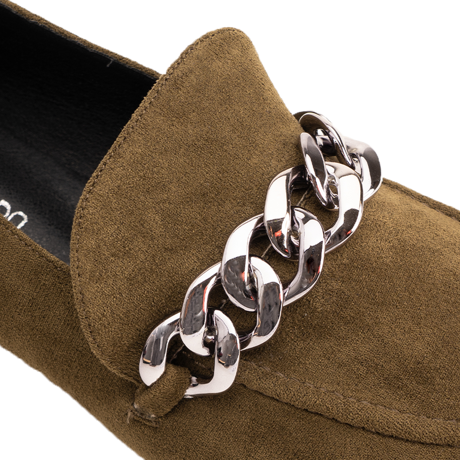 Moccasins in kaki faux suede with chain link detail 
