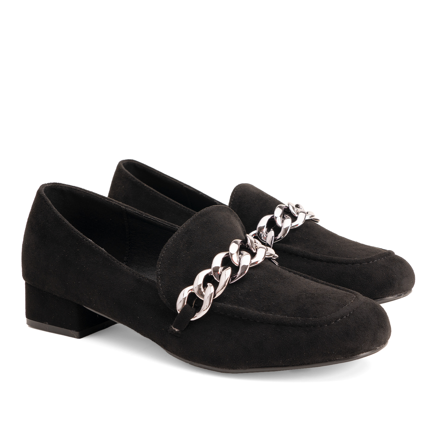 Moccasins in black faux suede with chain link detail 