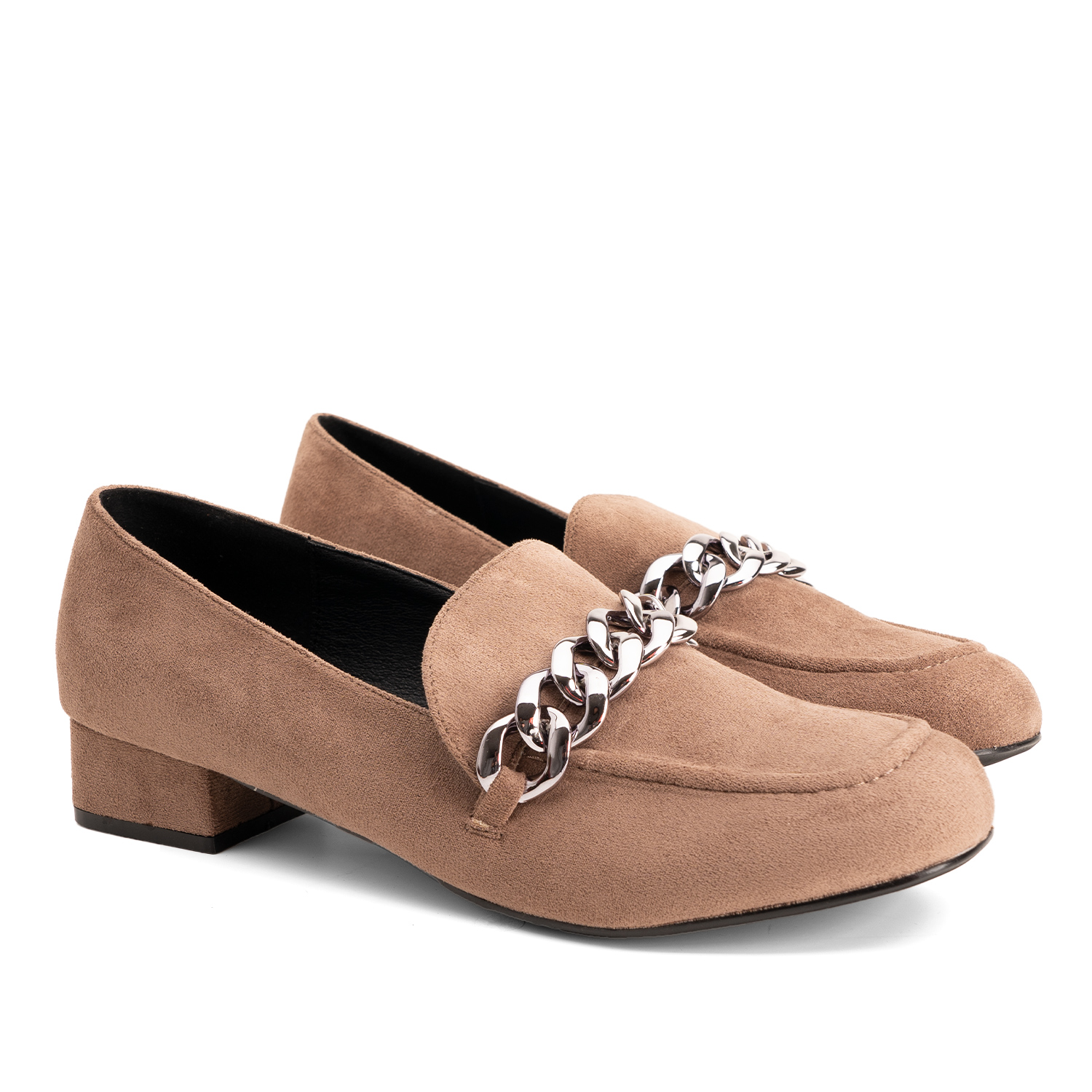 Moccasins in light brown faux suede with chain link detail 
