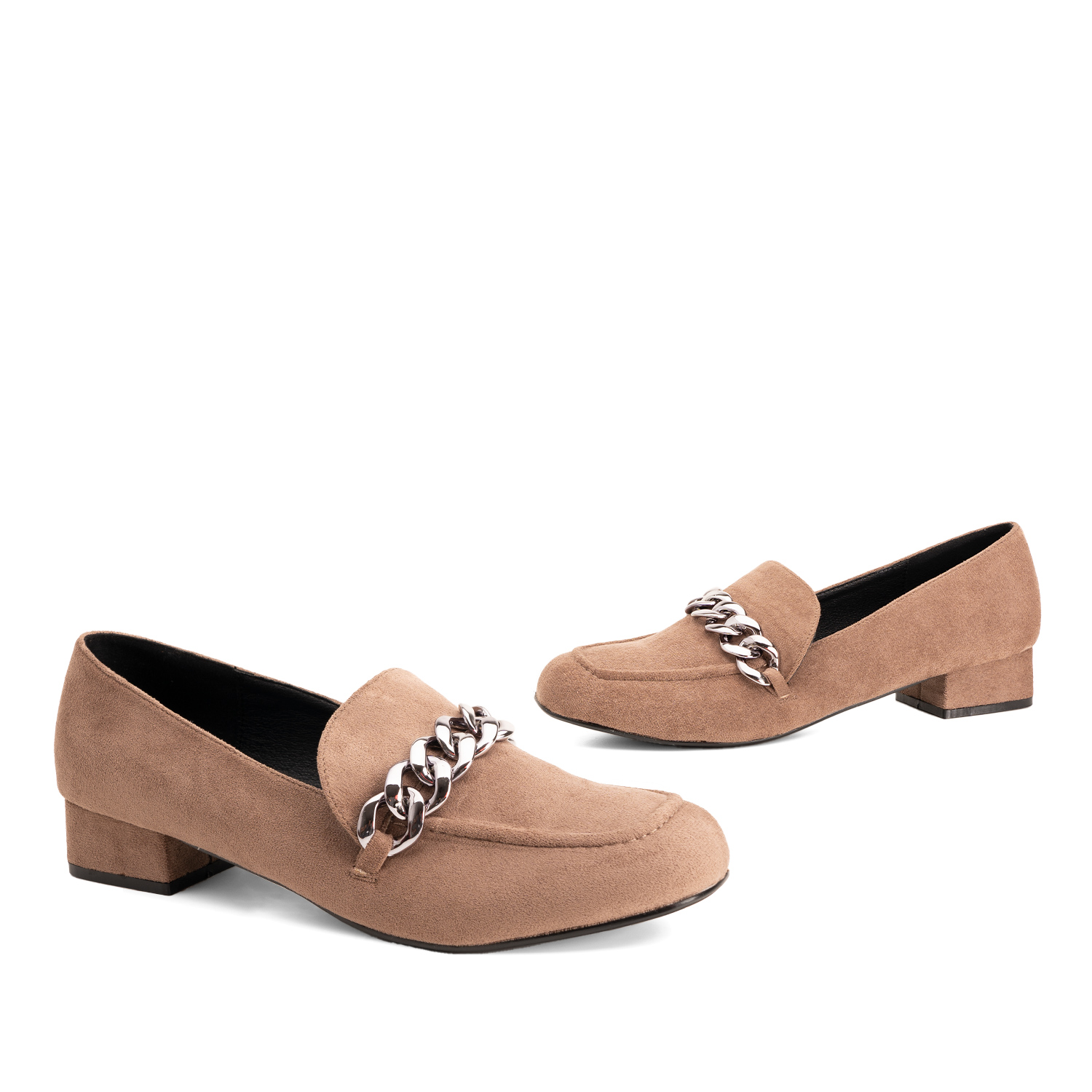 Moccasins in light brown faux suede with chain link detail 