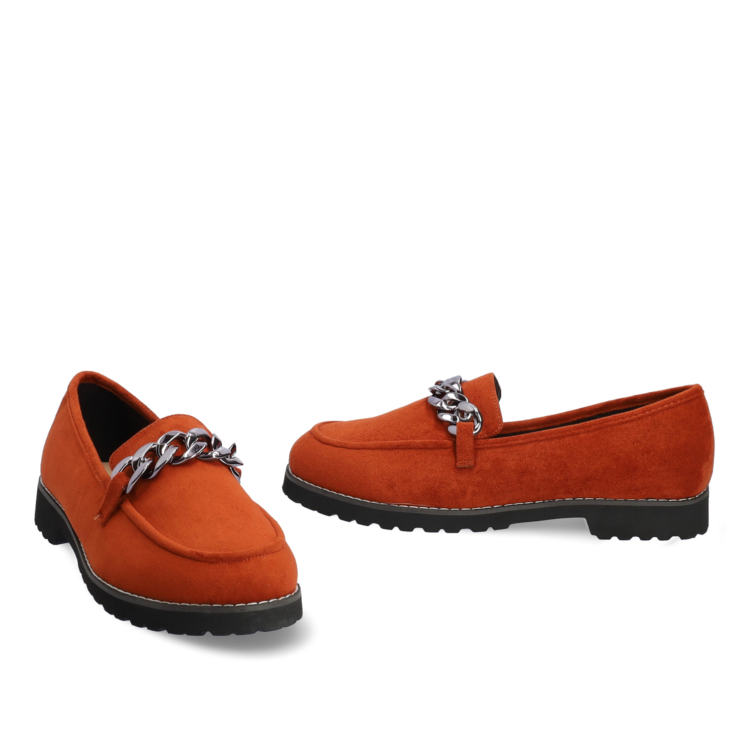 Moccasins in brick-red faux suede and track sole 