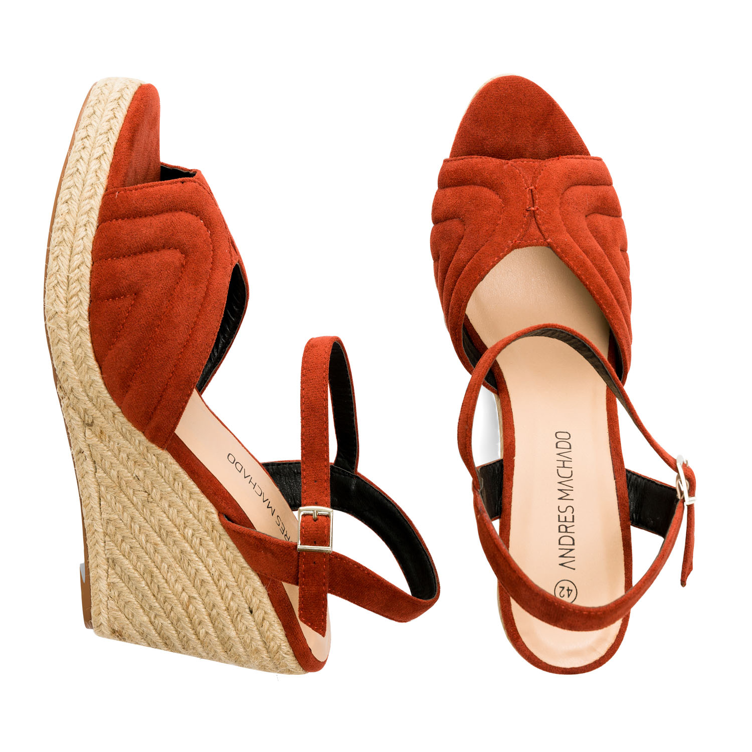 Brick-red faux suede espadrilles with jute wedge 