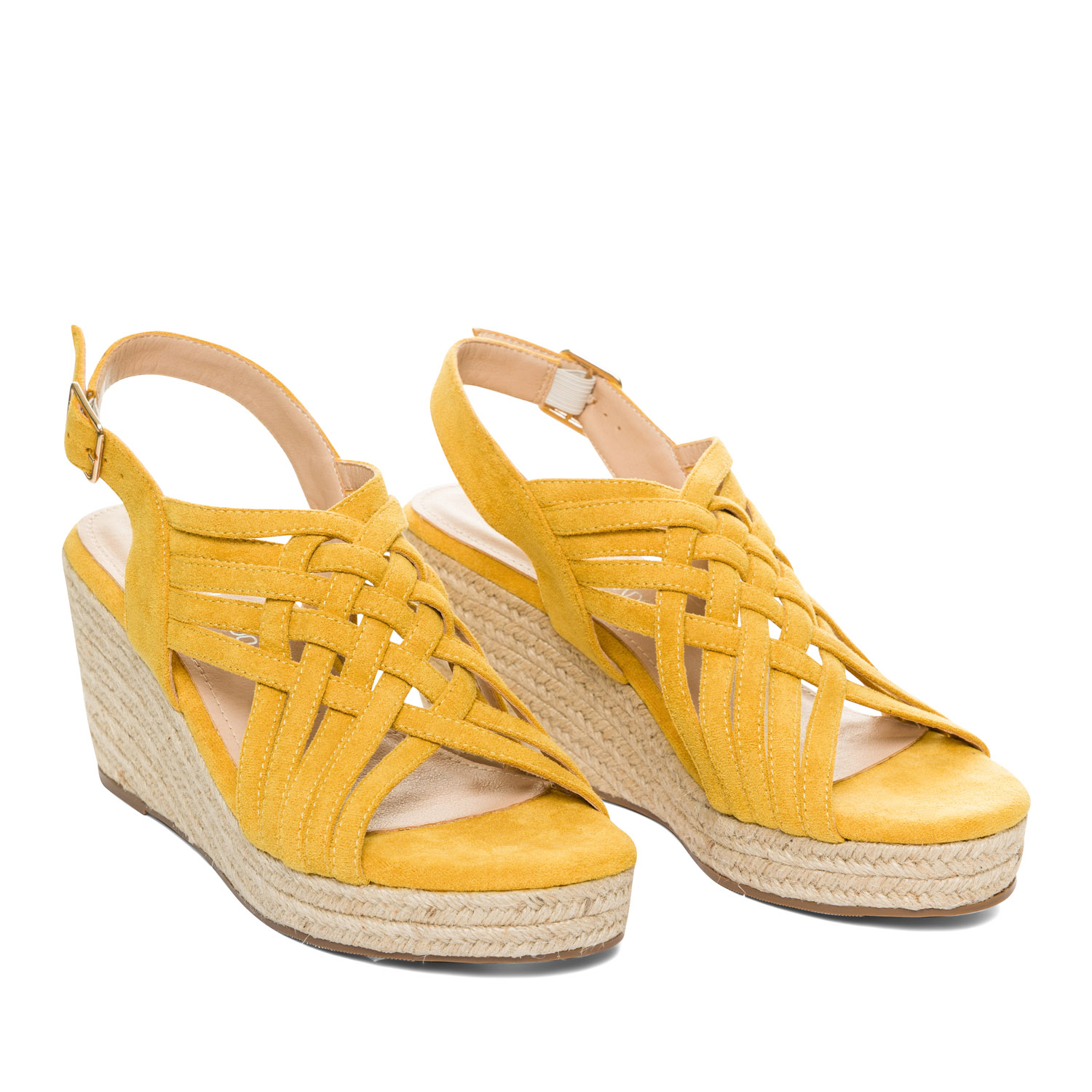 Mustard faux suede espadrilles with jute wedge 