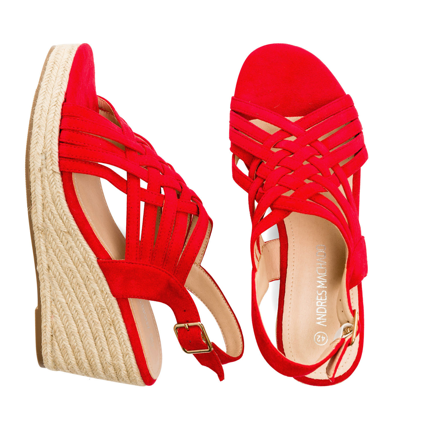 Red faux suede espadrilles with jute wedge 