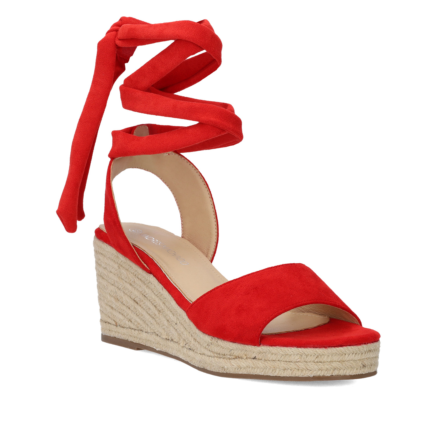 Red faux suede espadrilles with jute wedge 