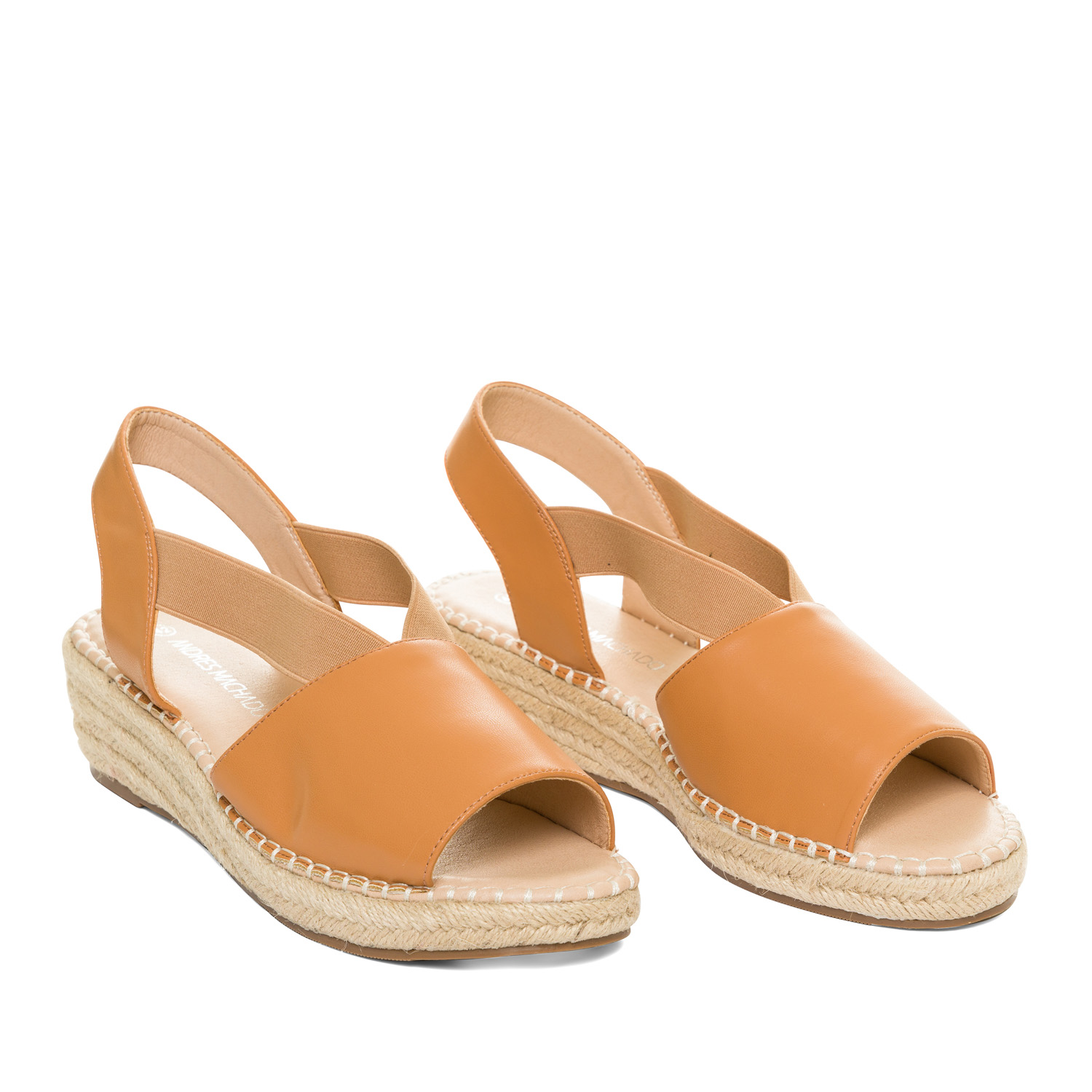 Camel faux leather sandals with jute wedge 