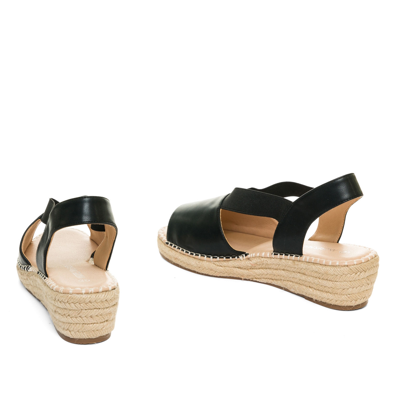 Black faux leather sandals with jute wedge 