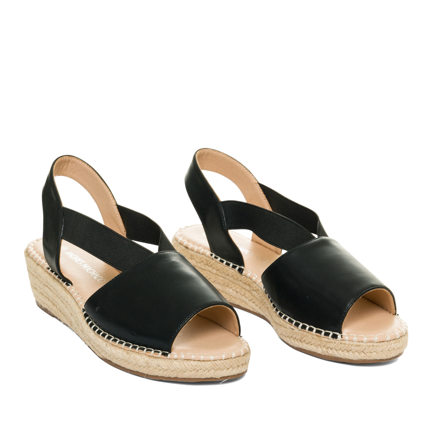 Black faux leather sandals with jute wedge 