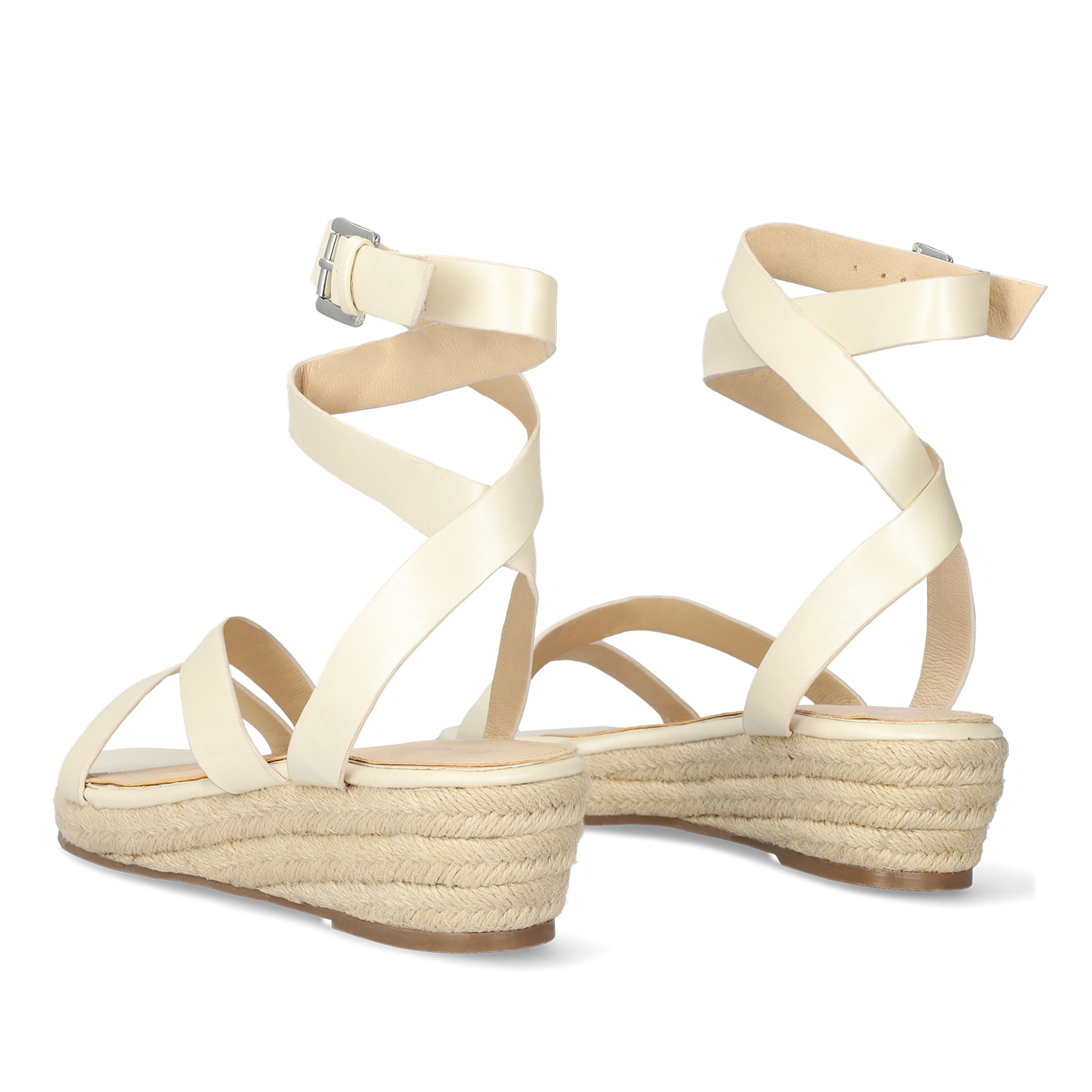 Beige faux leather sandals with jute wedge 