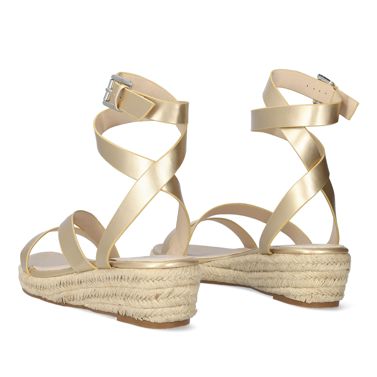 Gold faux leather sandals with jute wedge 