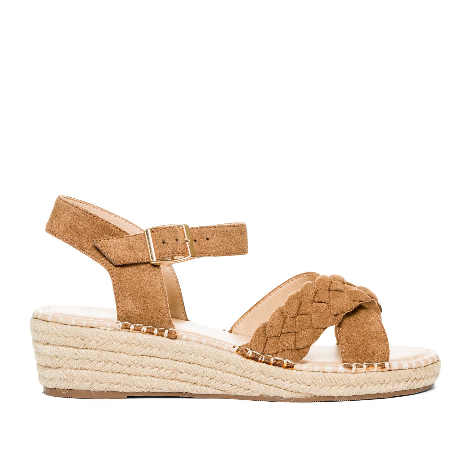 Camel colored faux suede sandals with jute wedge 