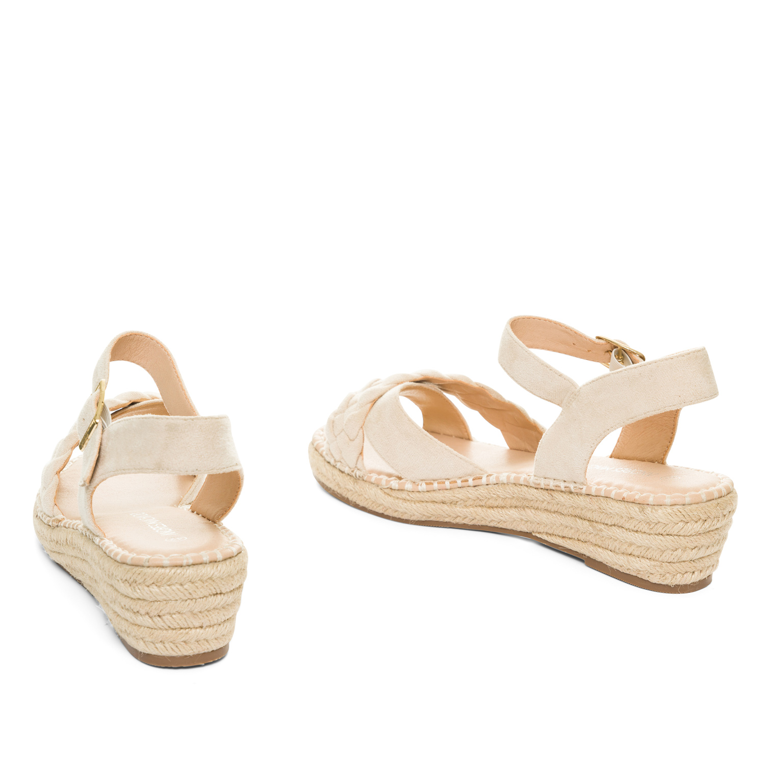 Off-white faux suede sandals with jute wedge 