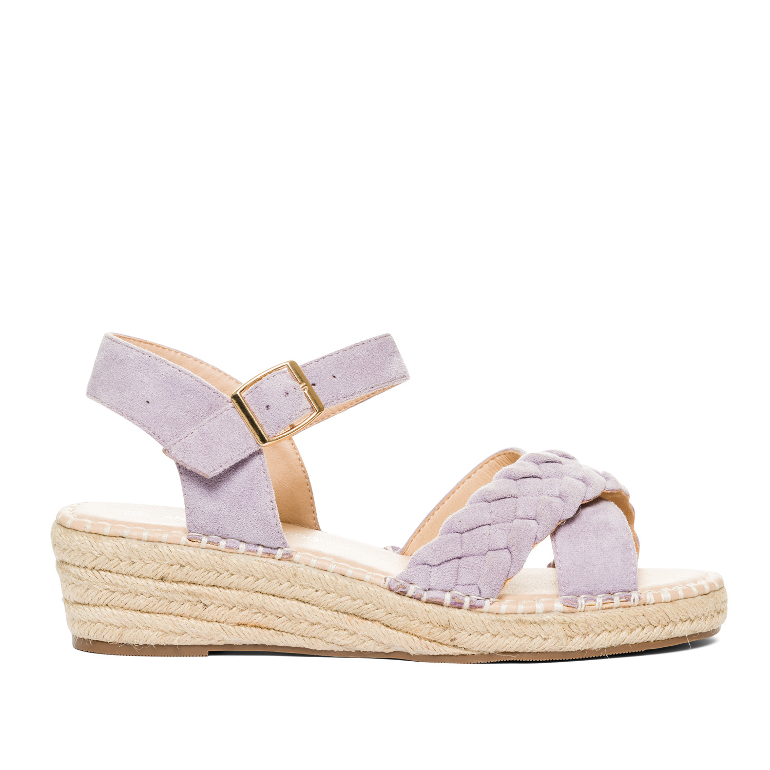 Purple faux suede sandals with jute wedge 