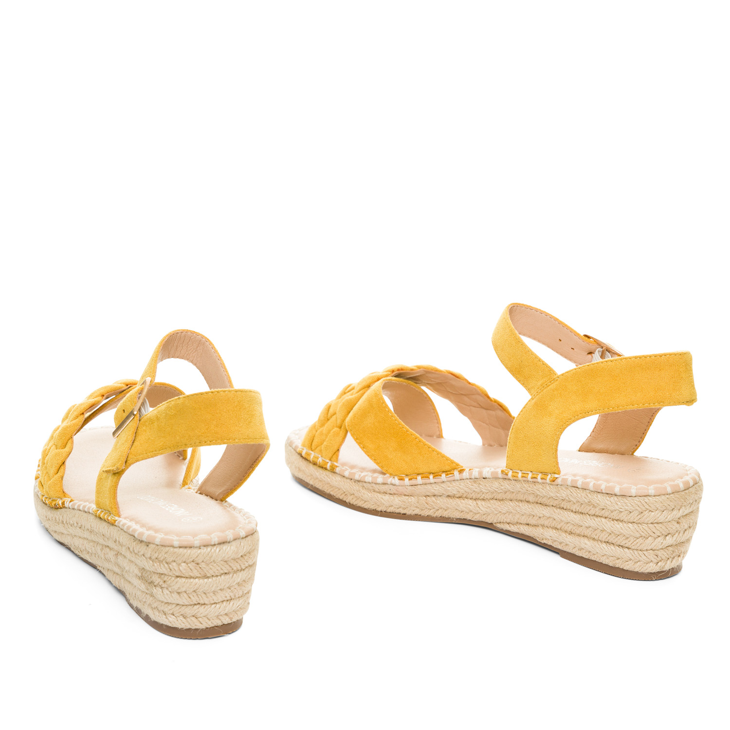 Mustard faux suede sandals with jute wedge 