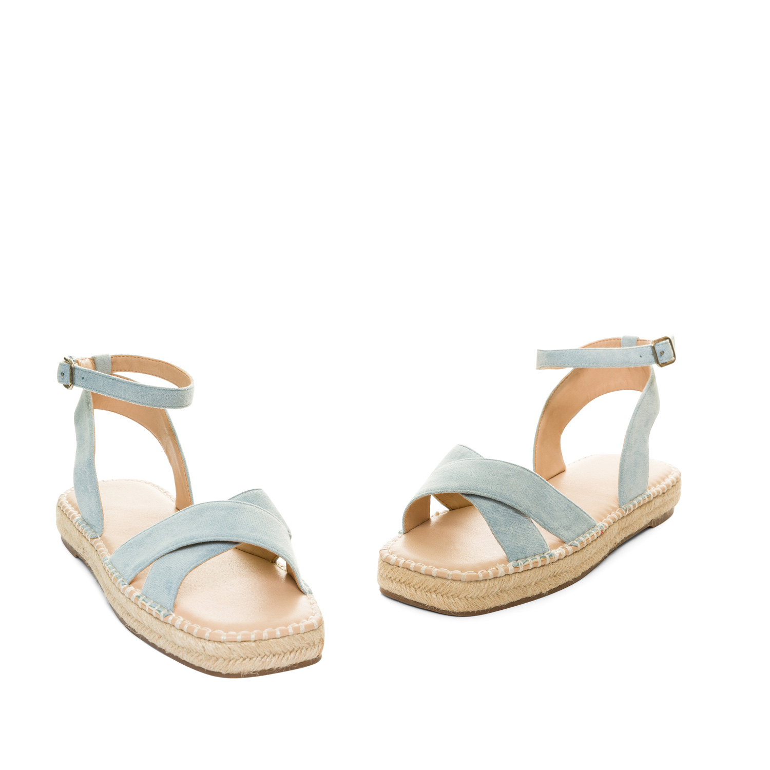 Light blue faux suede sandals with jute wedge 