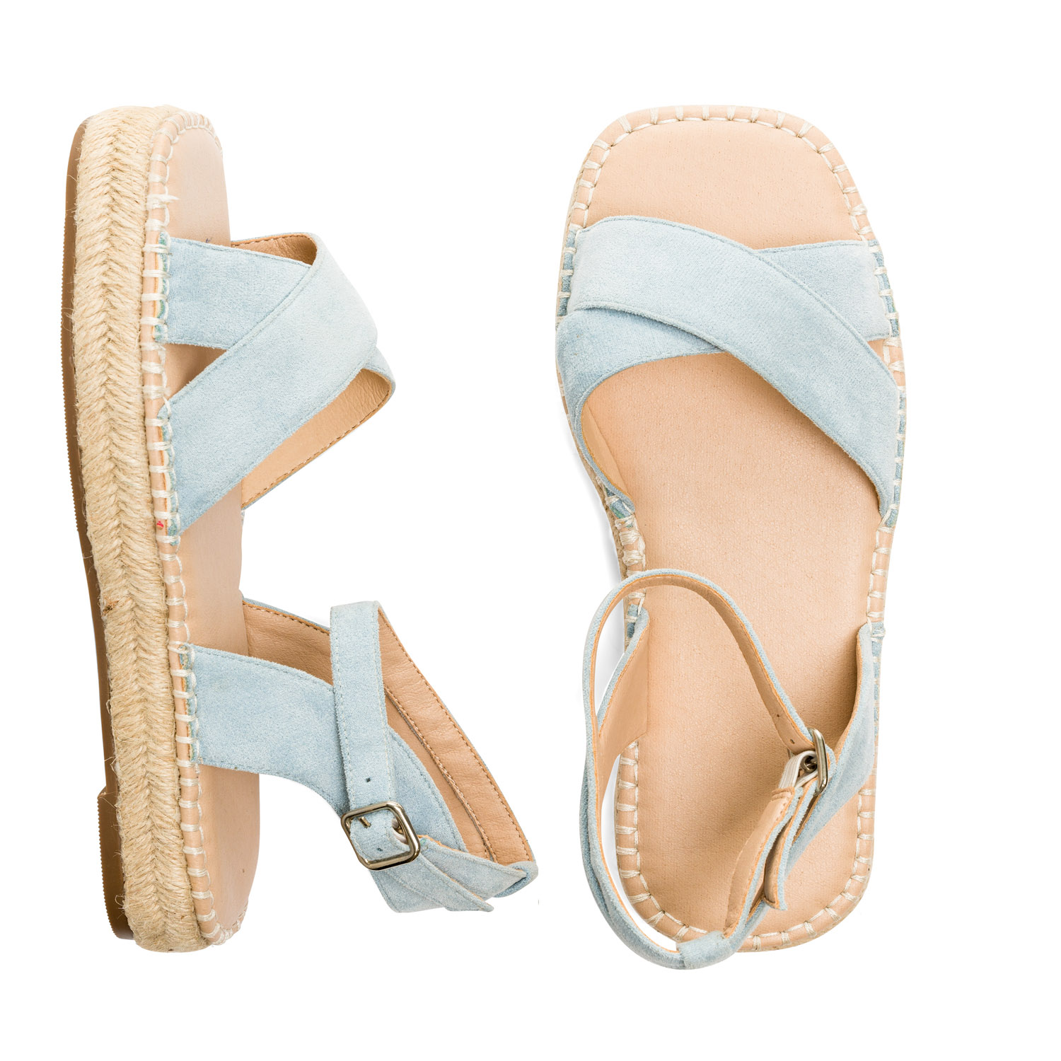 Light blue faux suede sandals with jute wedge 