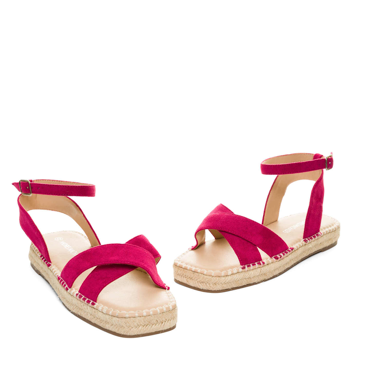 Fuchsia faux suede sandals with jute wedge 