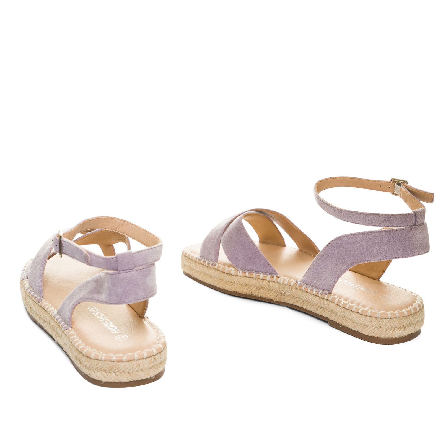 Purple faux suede sandals with jute wedge 