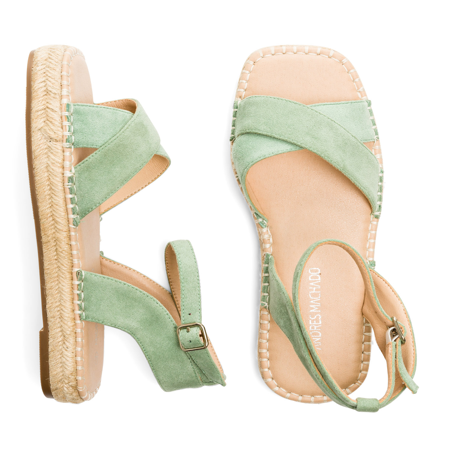 Mint faux suede sandals with jute wedge 