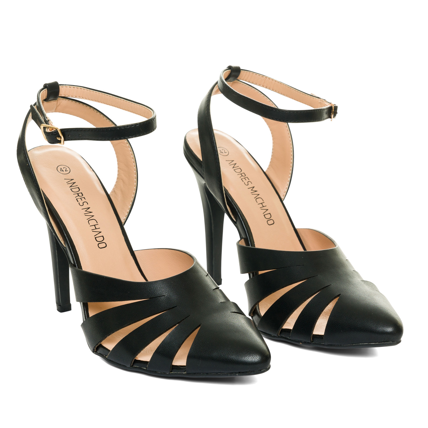 Black faux leather, pointed toed court shoes 