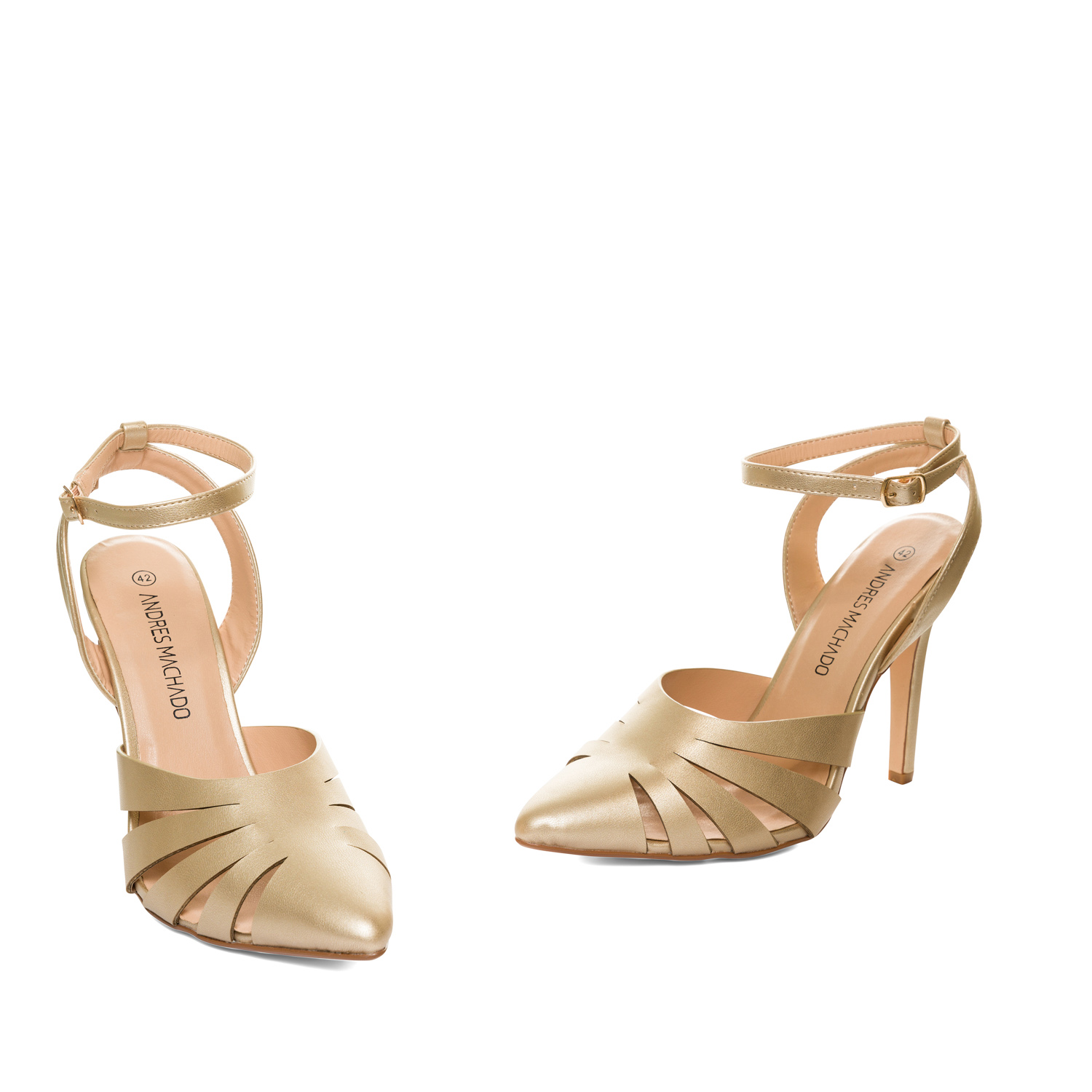 Gold faux leather, pointed toed court shoes 