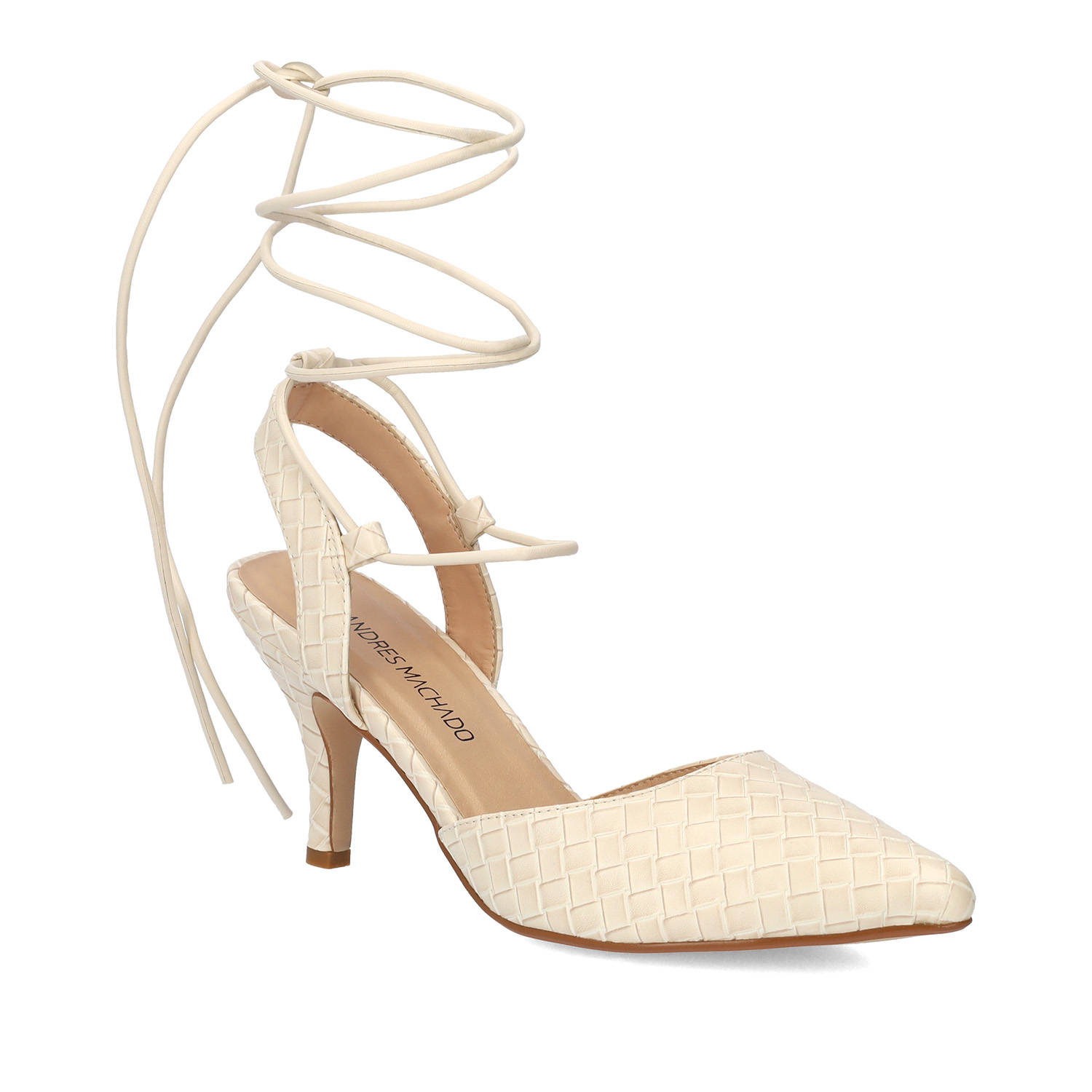 Woven white faux leather heeled shoes 
