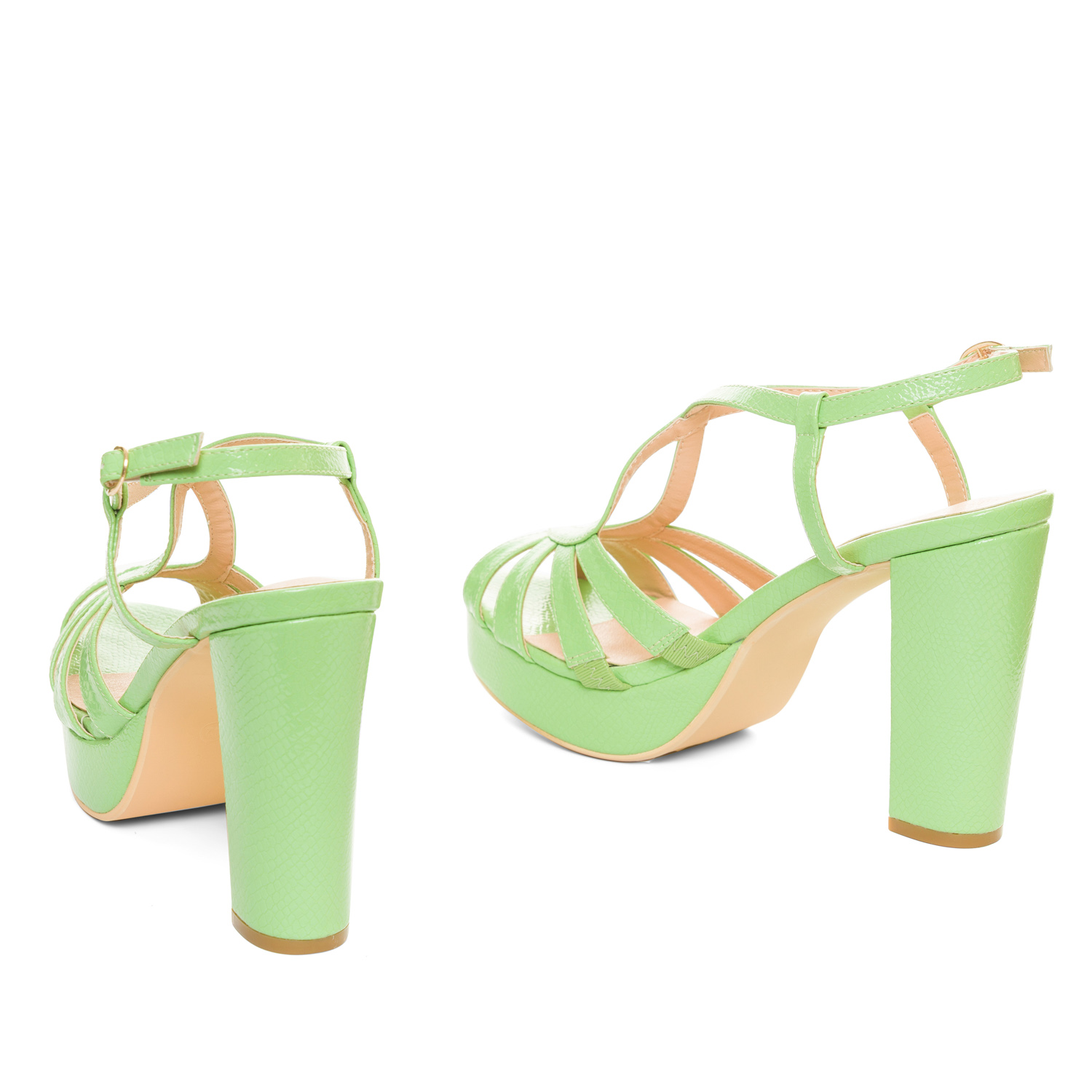 Embossed green faux patent sandals 