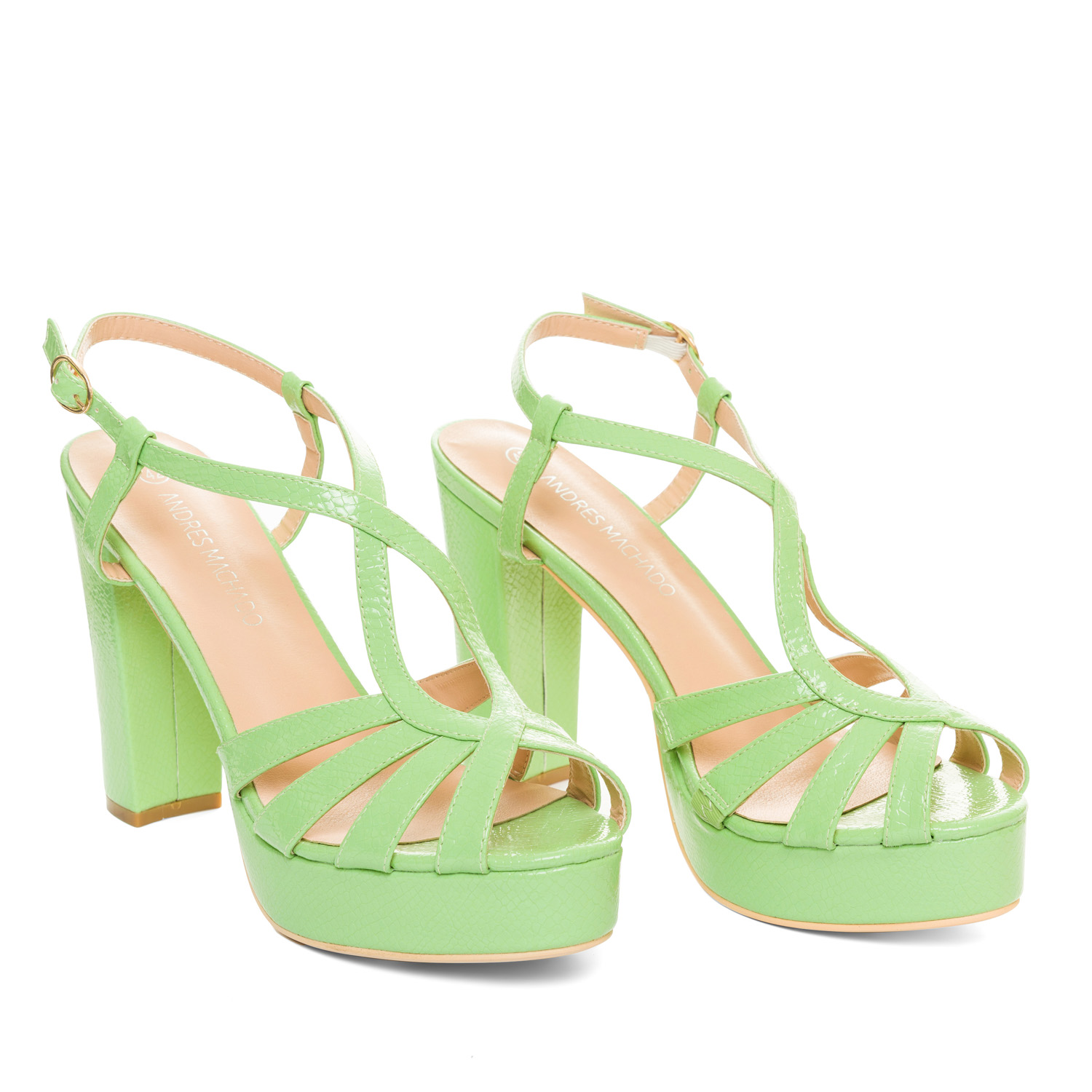 Embossed green faux patent sandals 