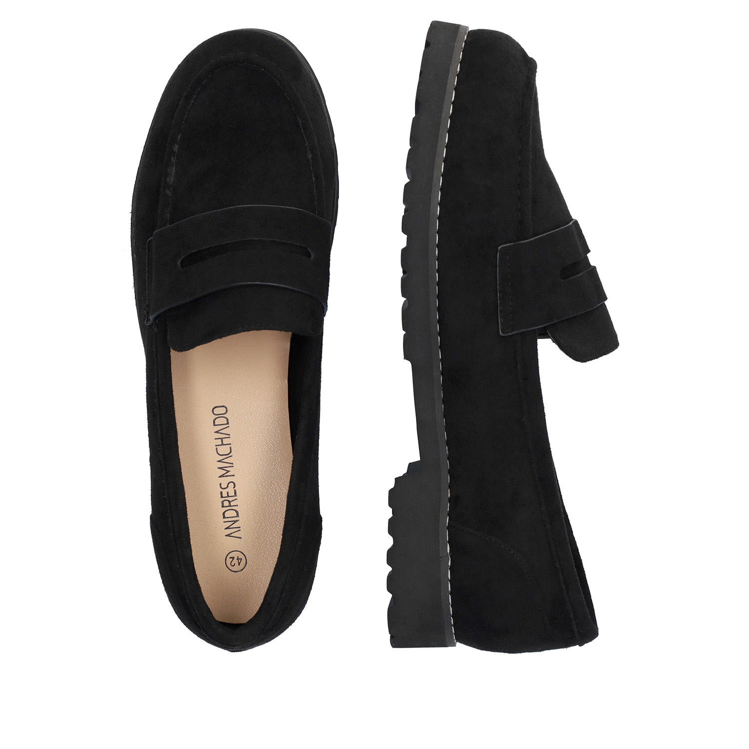 Moccasins in black faux suede and track sole 