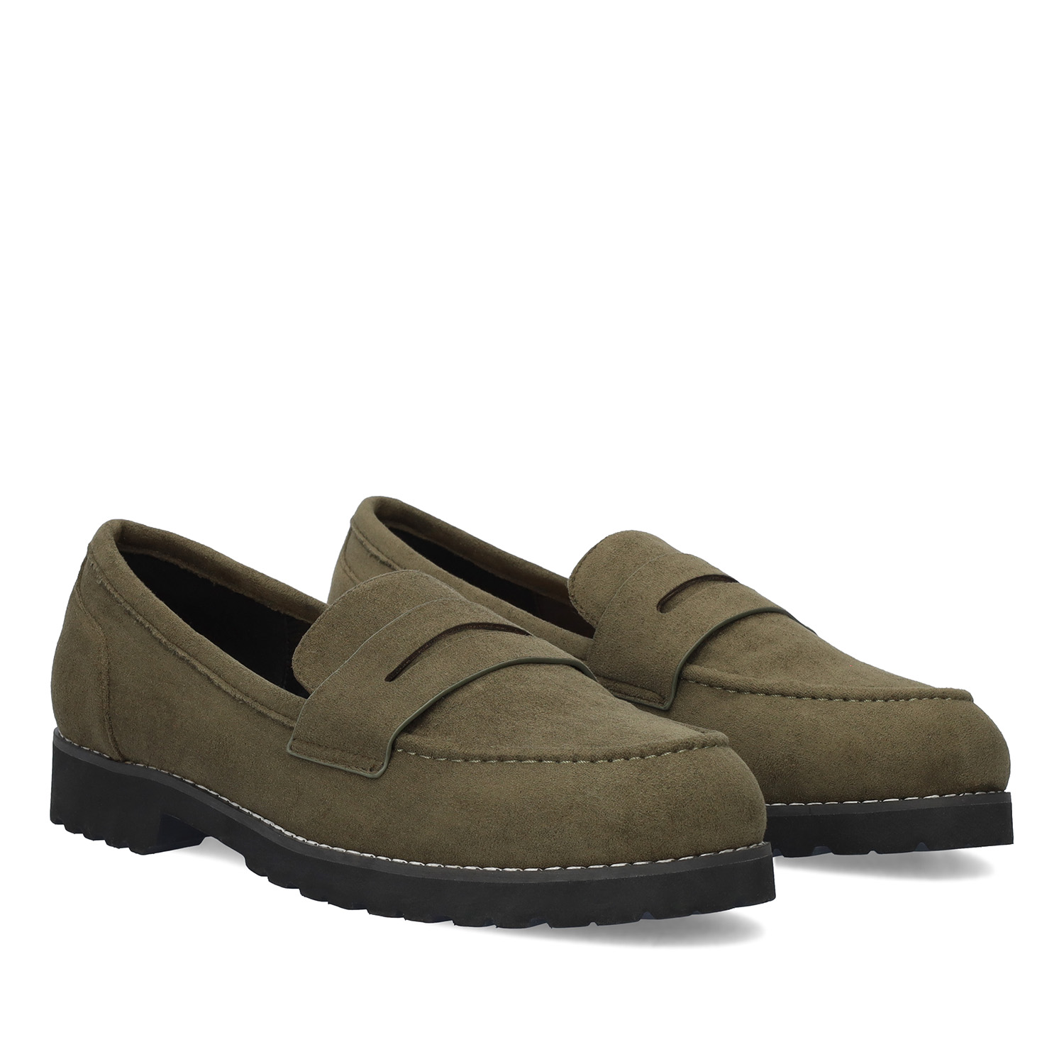 Moccasins in green faux suede and track sole 