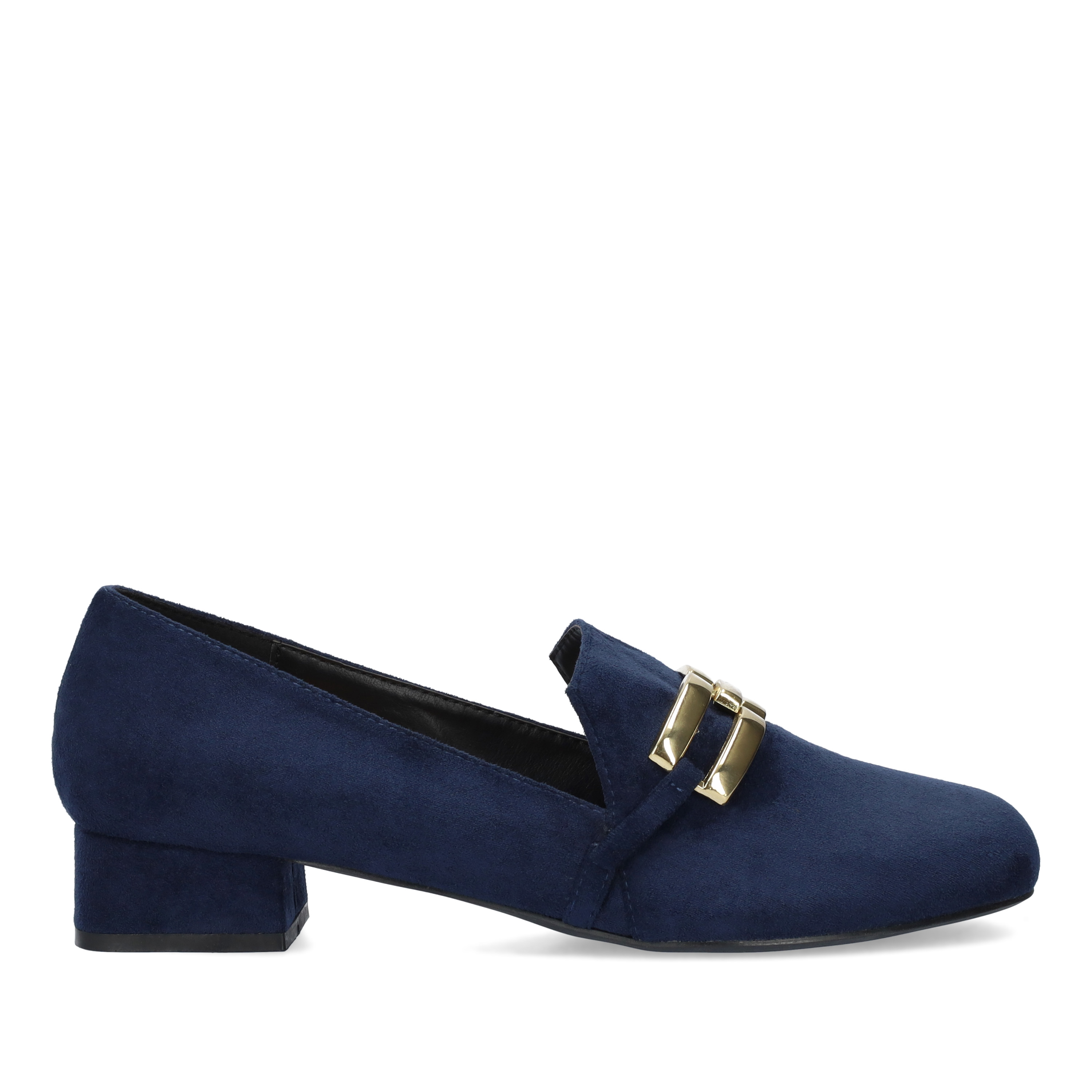 Moccasins in navy faux suede with chain detail 