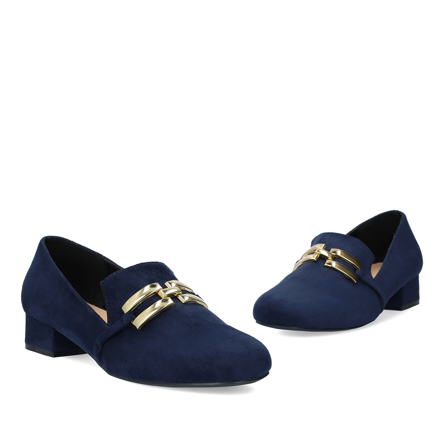 Moccasins in navy faux suede with chain detail 