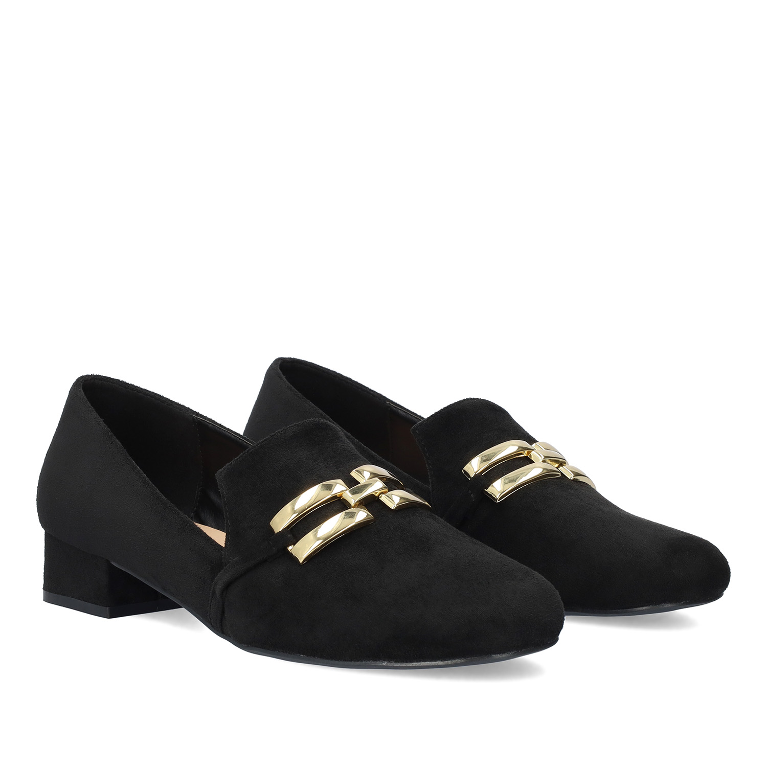 Moccasins in black faux suede with chain detail 