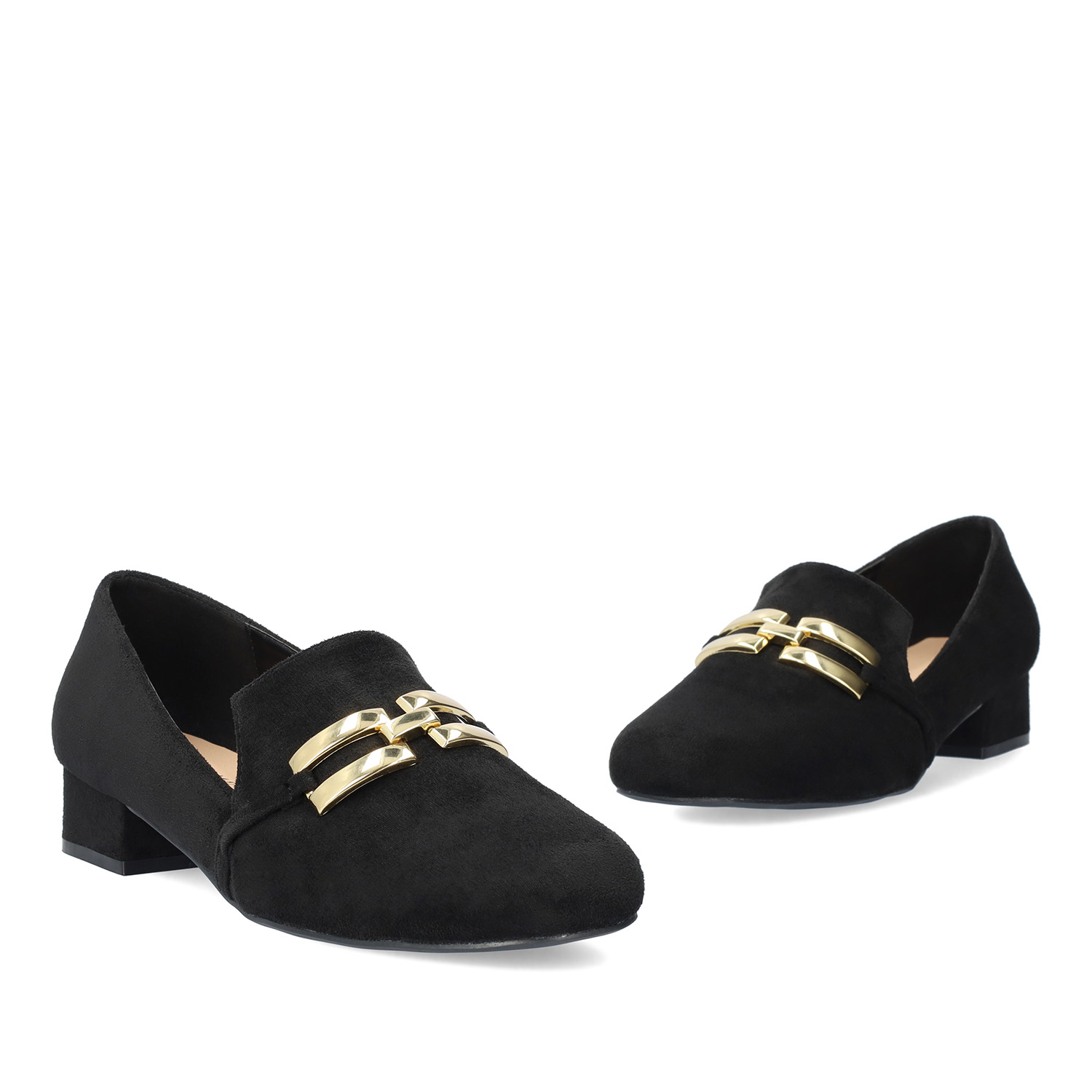 Moccasins in black faux suede with chain detail 