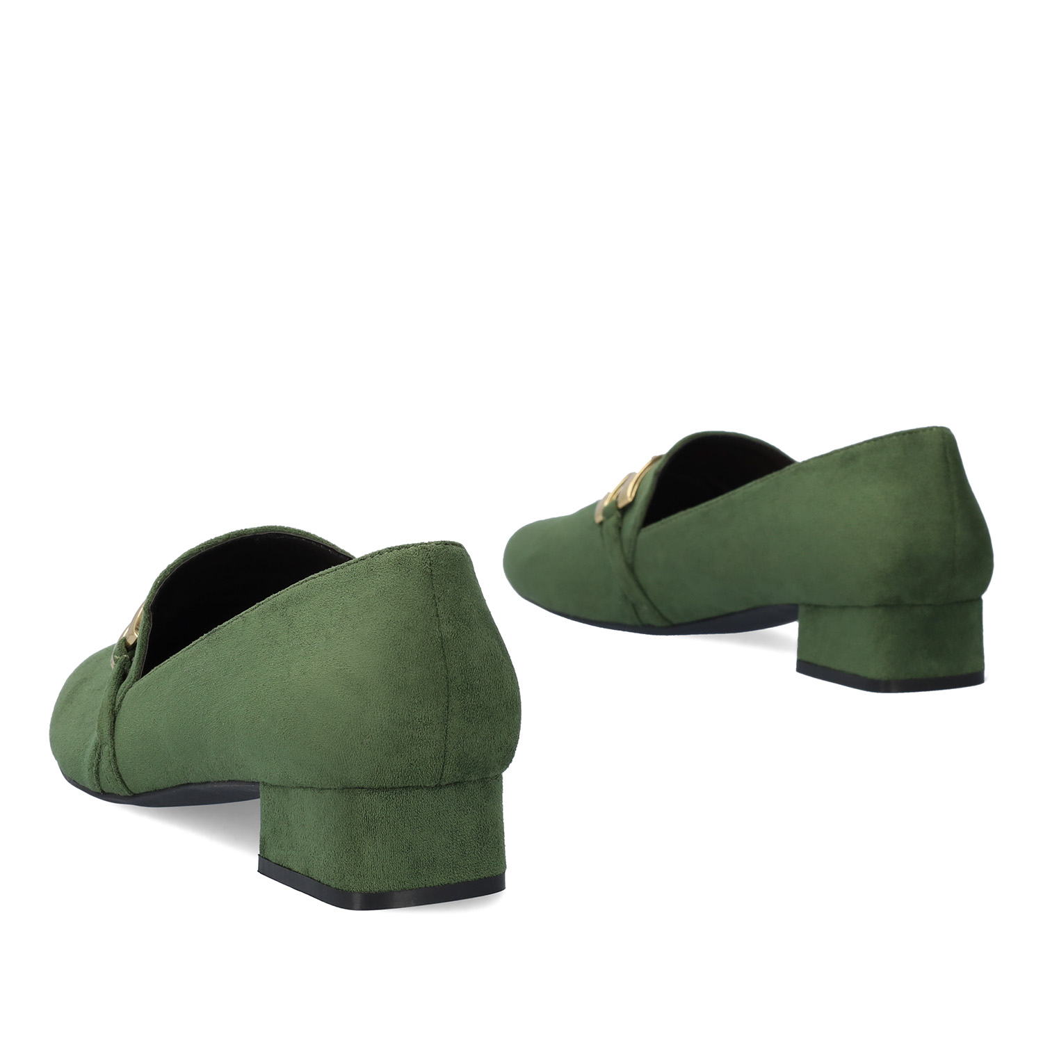 Moccasins in green faux suede with chain detail 