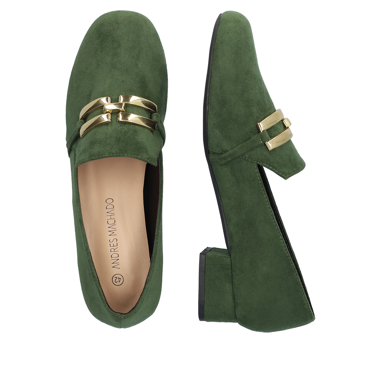 Moccasins in green faux suede with chain detail 