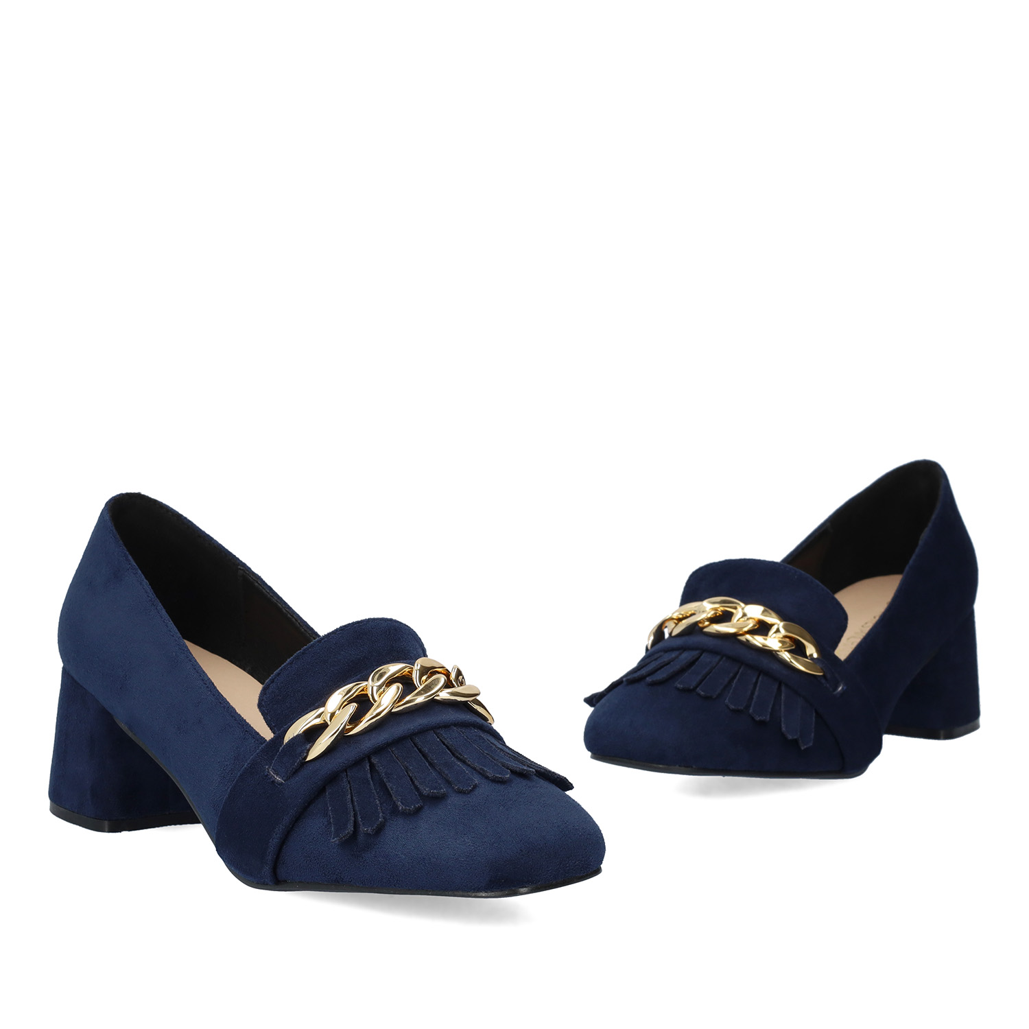 Heeled moccasin in navy coloured faux suede 