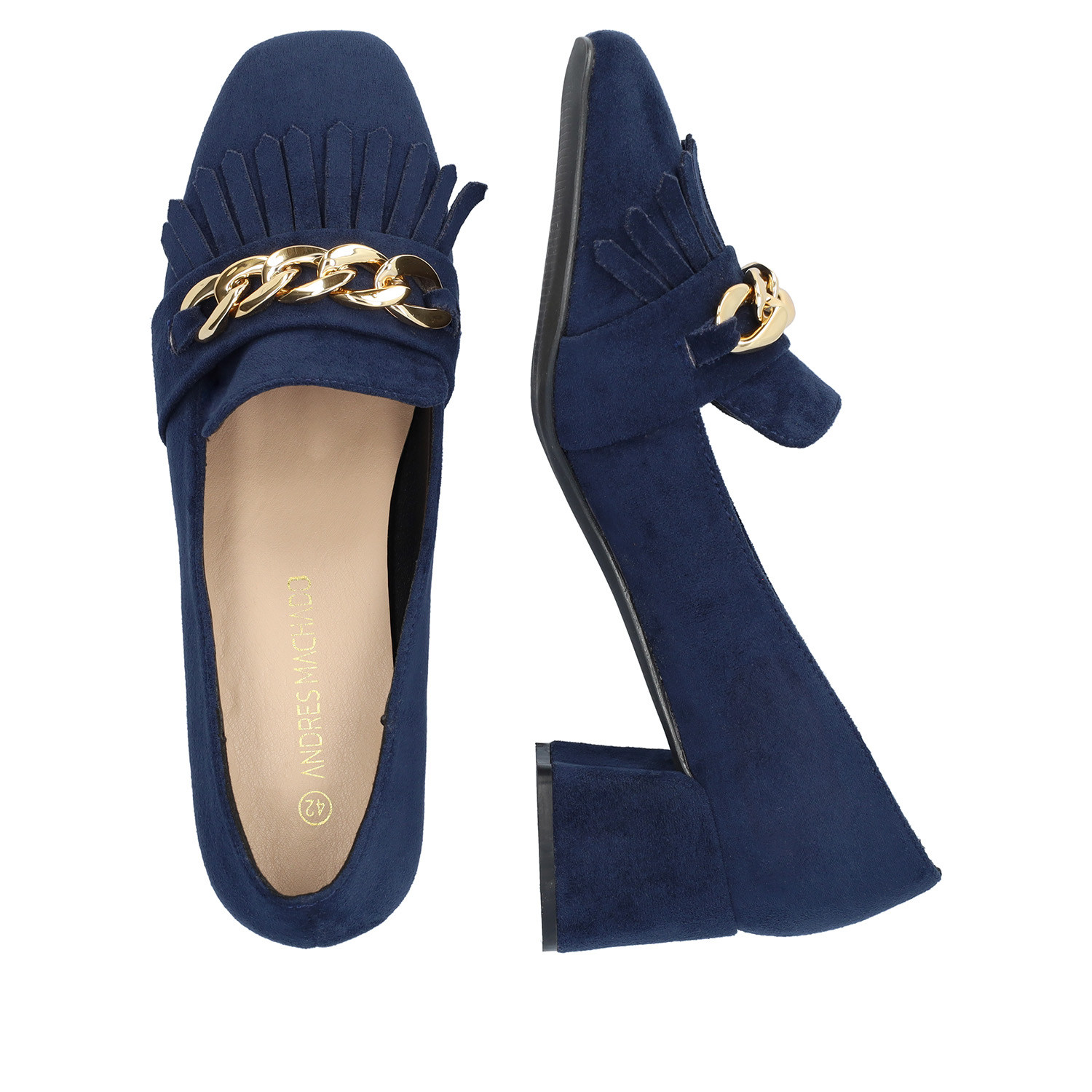 Heeled moccasin in navy coloured faux suede 