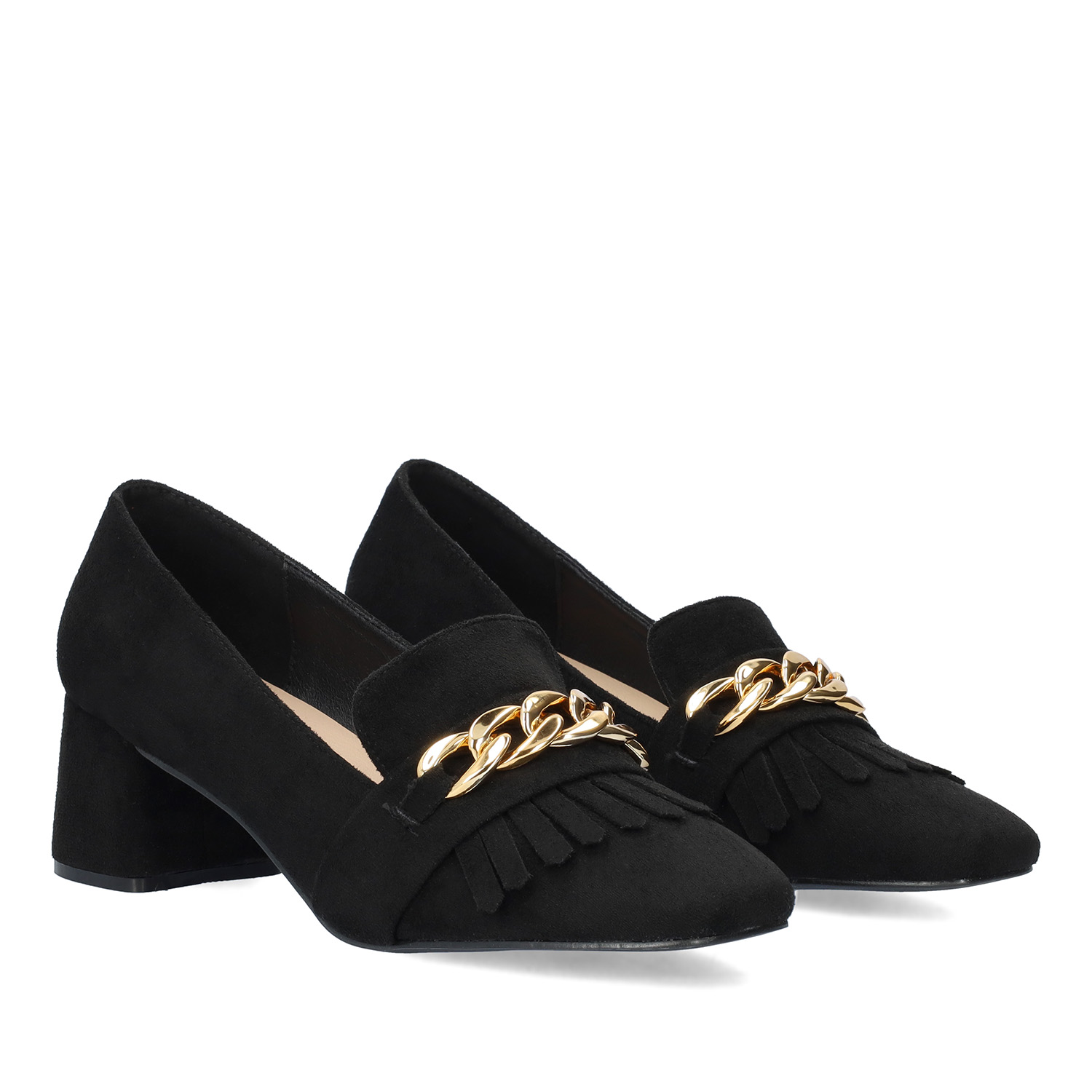 Heeled moccasin in black coloured faux suede 