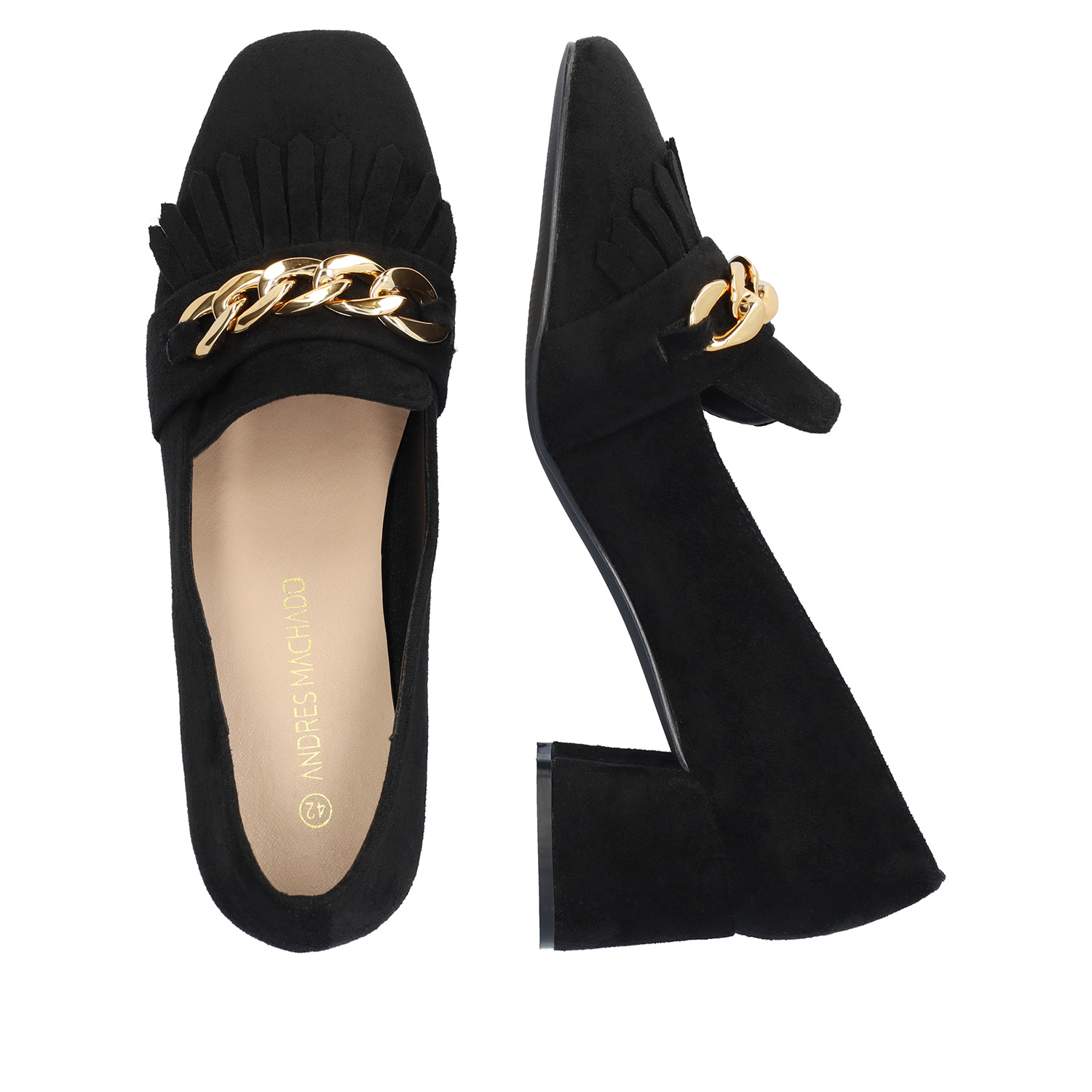 Heeled moccasin in black coloured faux suede 