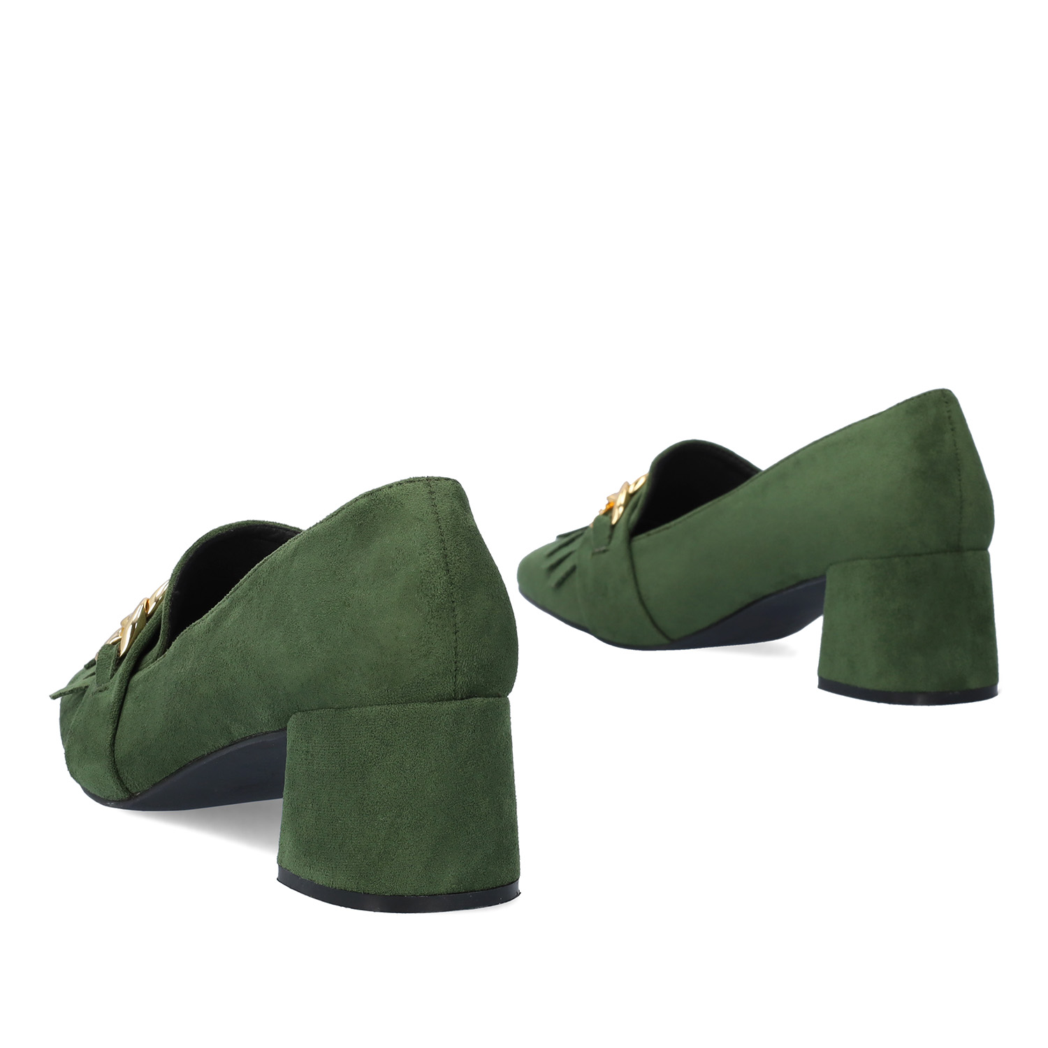 Heeled moccasin in green coloured faux suede 