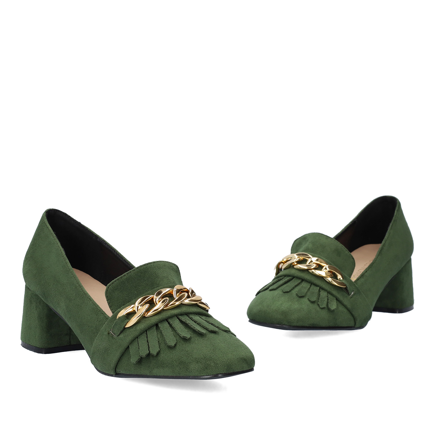 Heeled moccasin in green coloured faux suede 