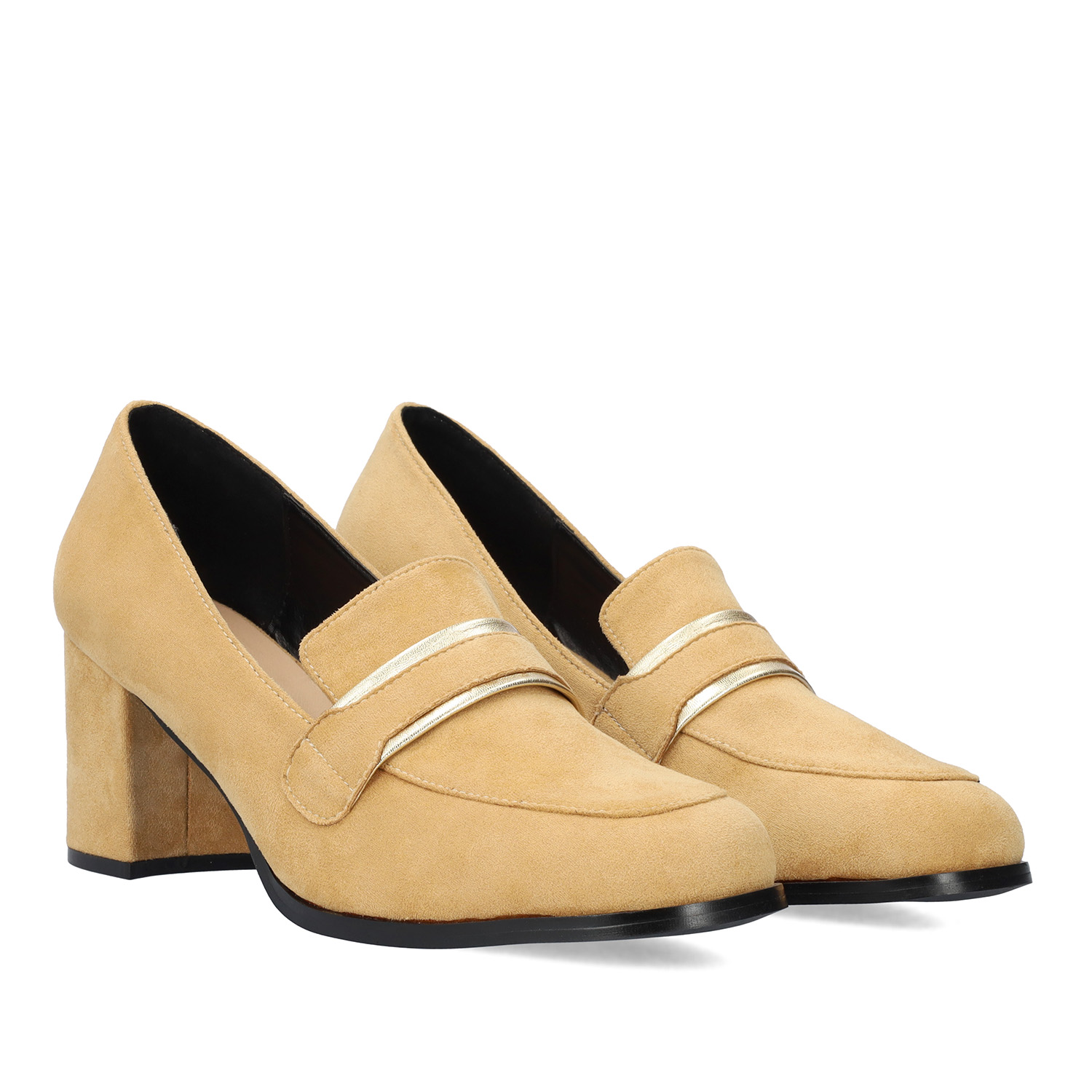 Heeled moccasins in beige-colored faux suede 