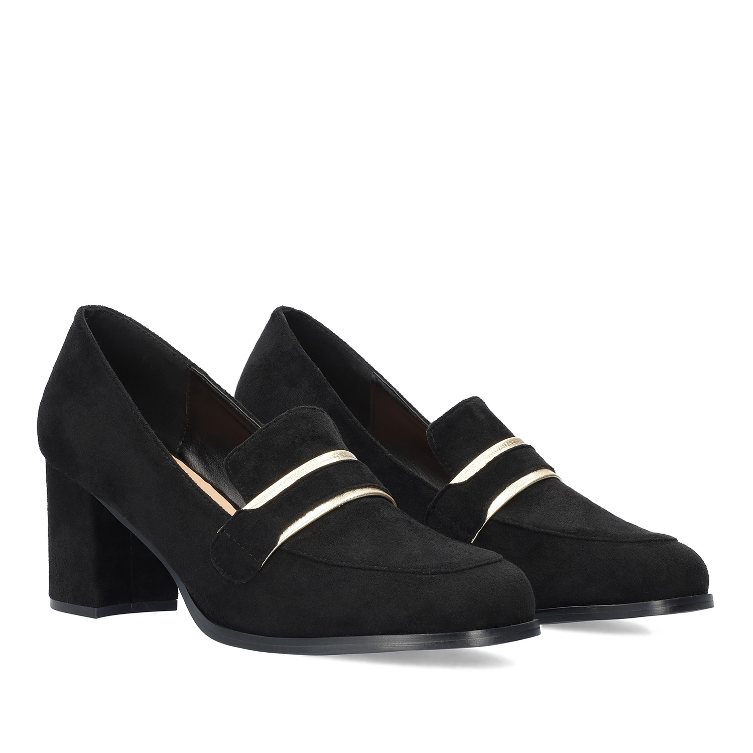 Heeled moccasins in black-colored faux suede 