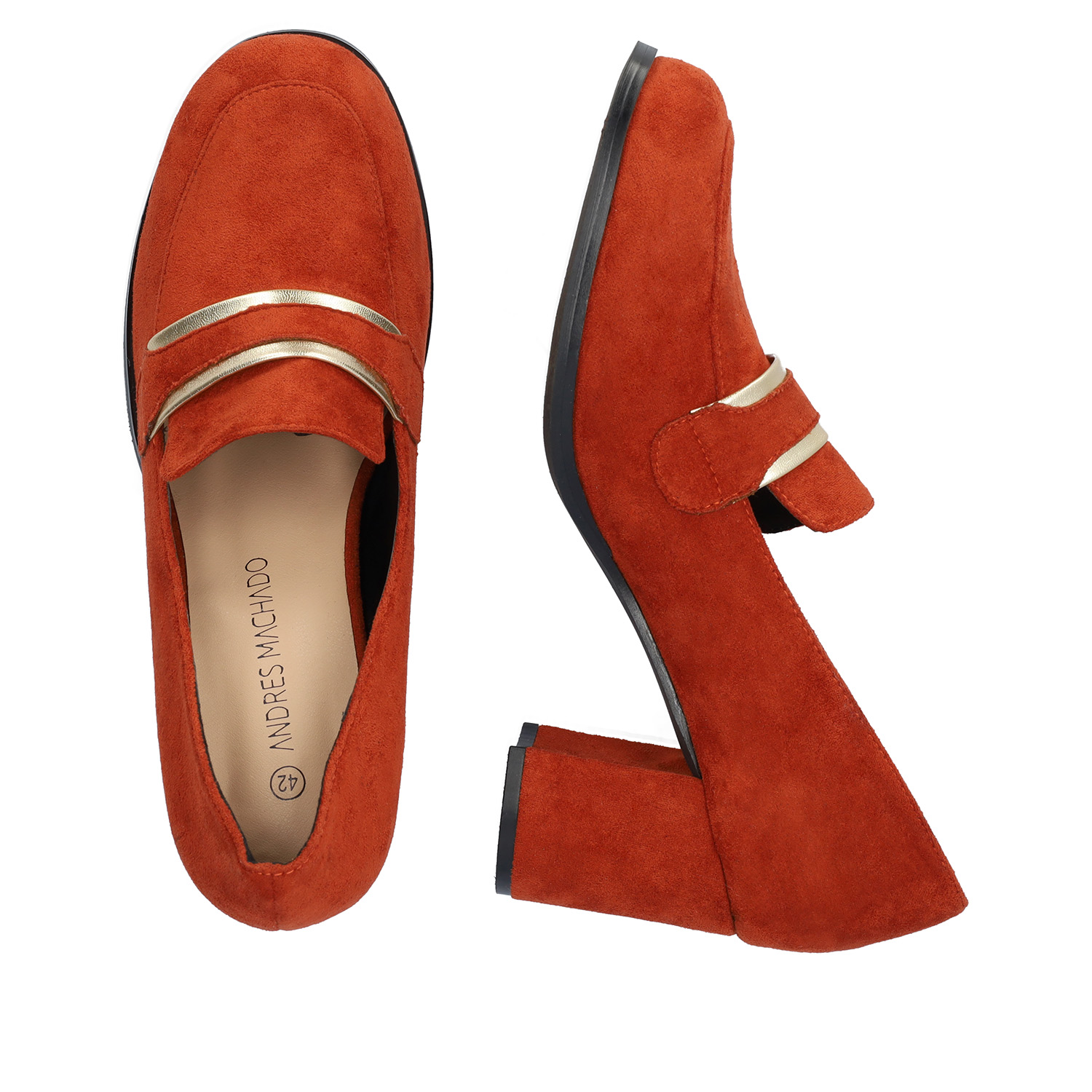Heeled moccasins in tile-colored faux suede 