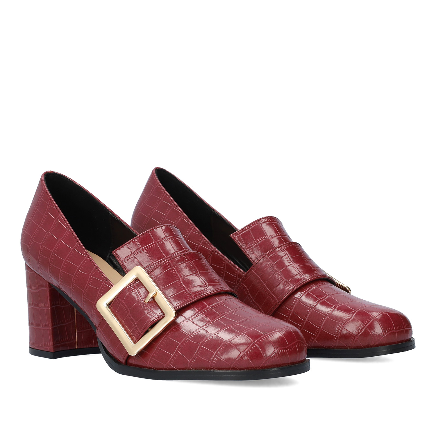 Heeled moccasins in burgundy faux croc leather and buckle detail 