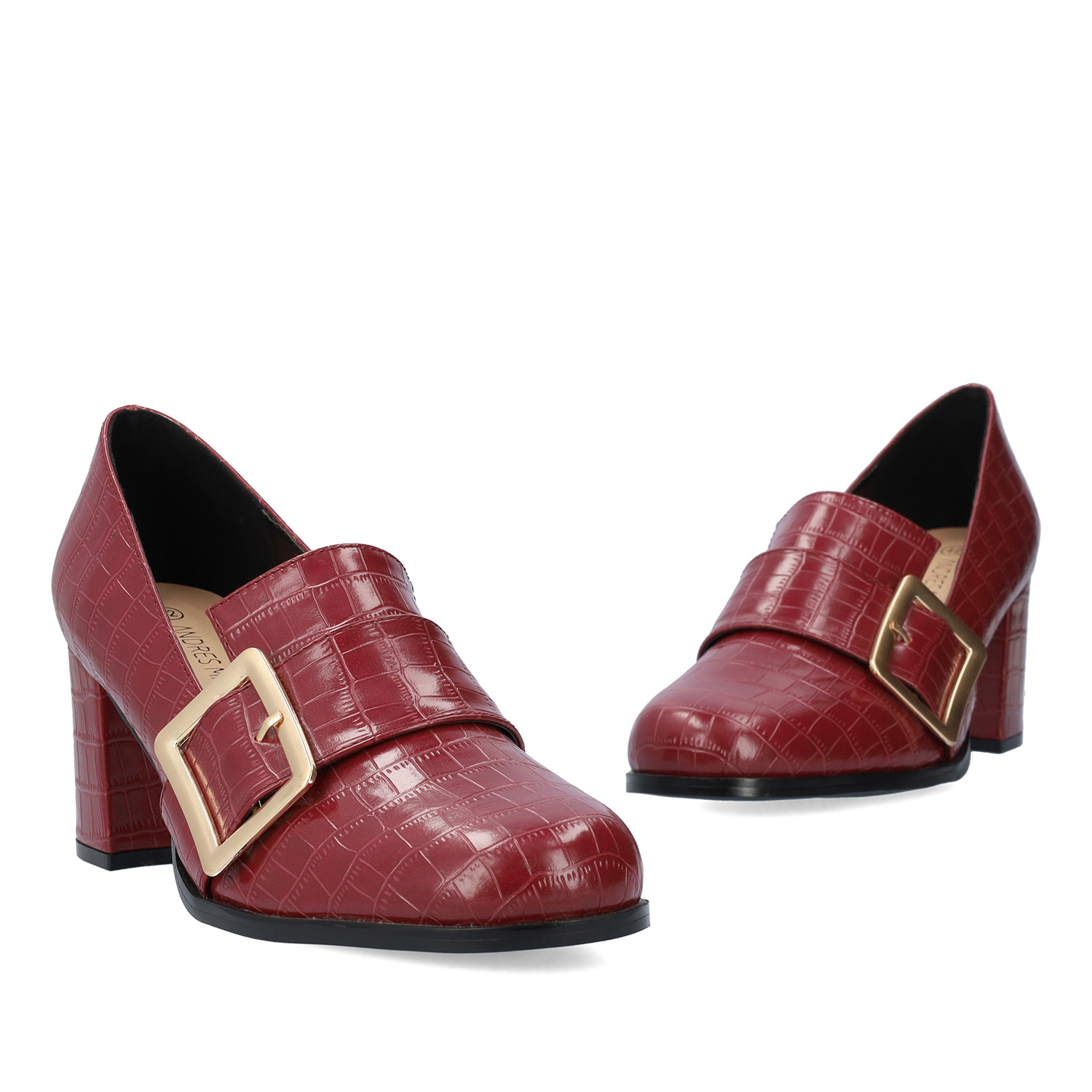Heeled moccasins in burgundy faux croc leather and buckle detail 