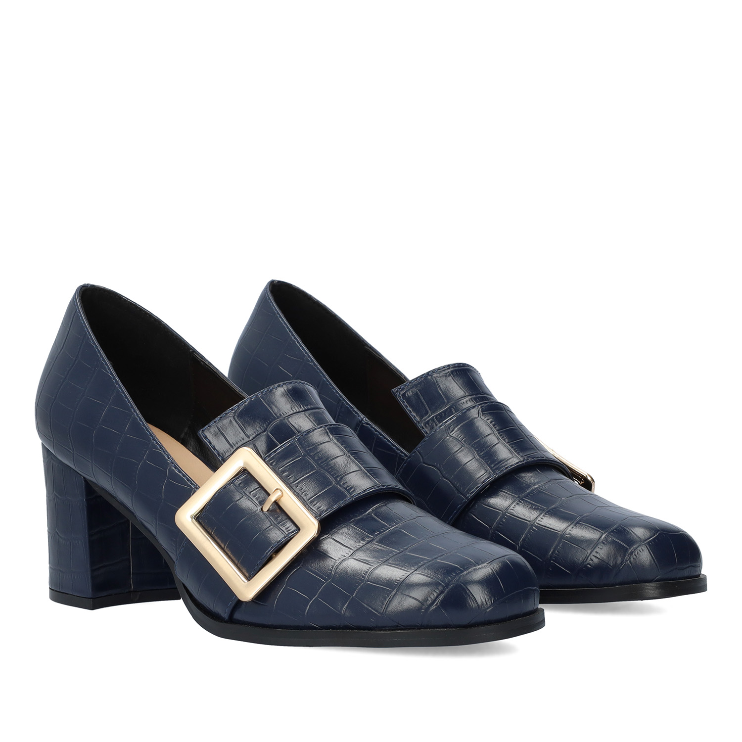 Moccasins in navy faux croc leather and buckle detail 