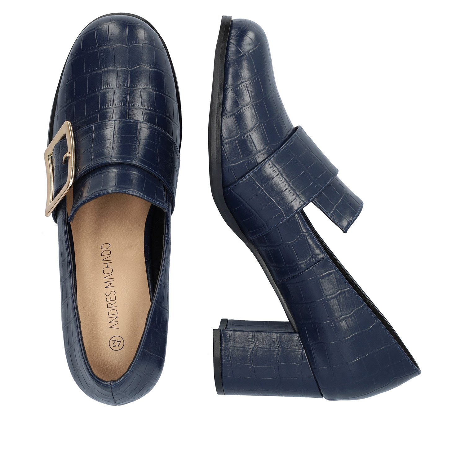 Moccasins in navy faux croc leather and buckle detail 